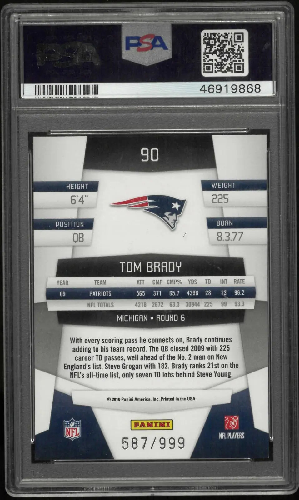 2010 Panini Certified Tom Brady Platinum Red /999 PSA 10 