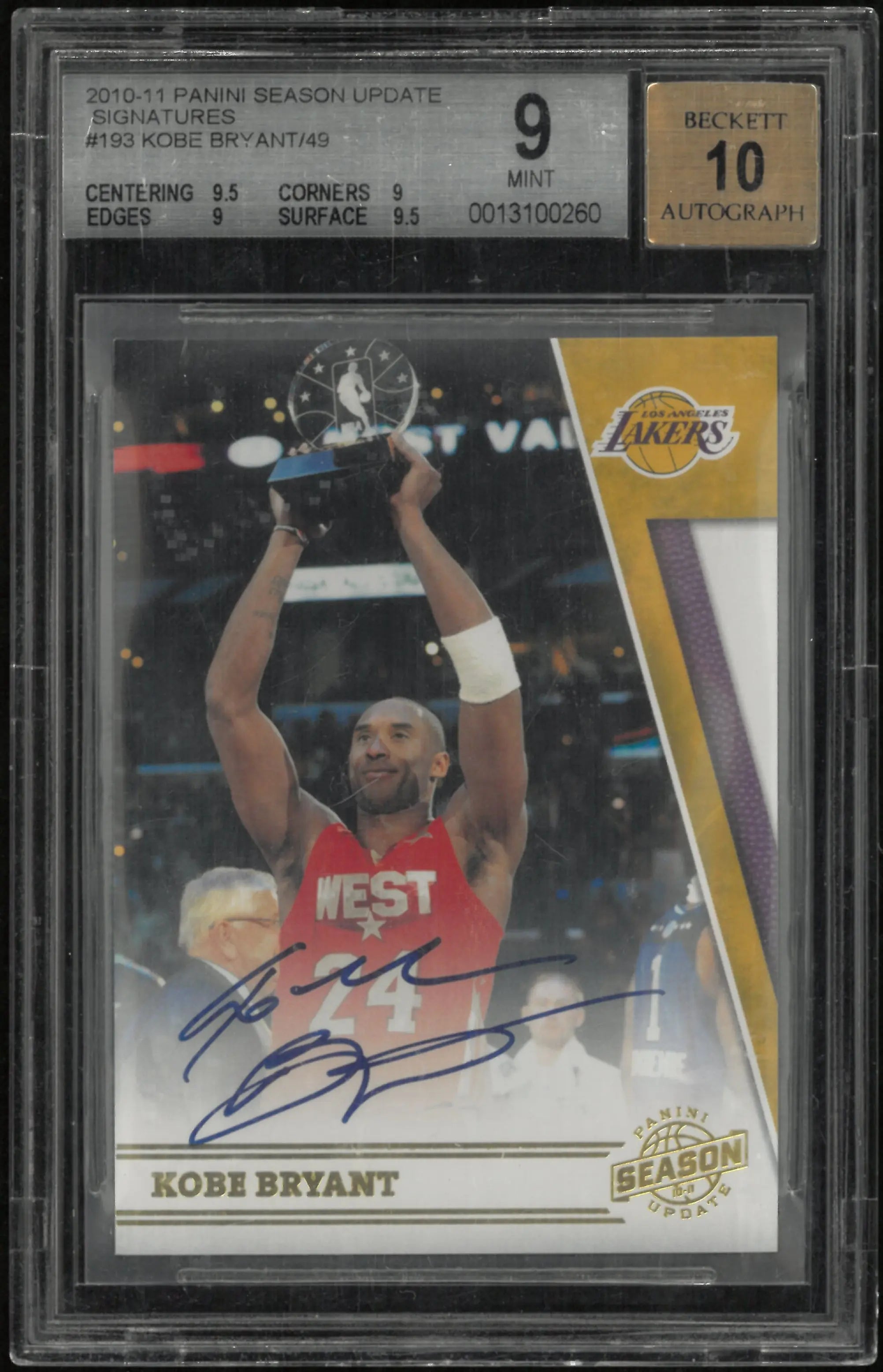 2010 Panini Season Update Signatures Auto Kobe Bryant /49 BGS 9 Auto 10 