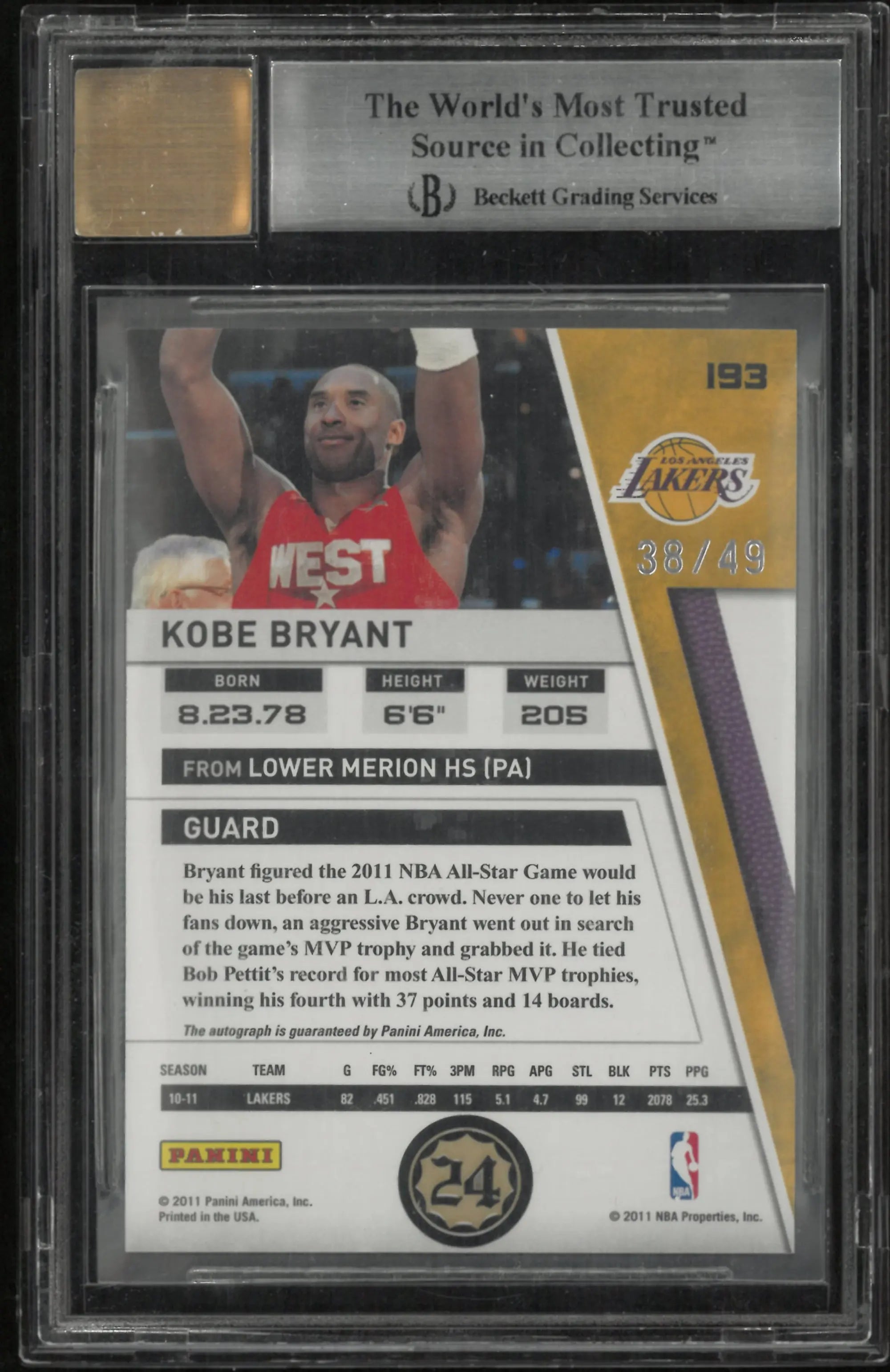2010 Panini Season Update Signatures Auto Kobe Bryant /49 BGS 9 Auto 10 