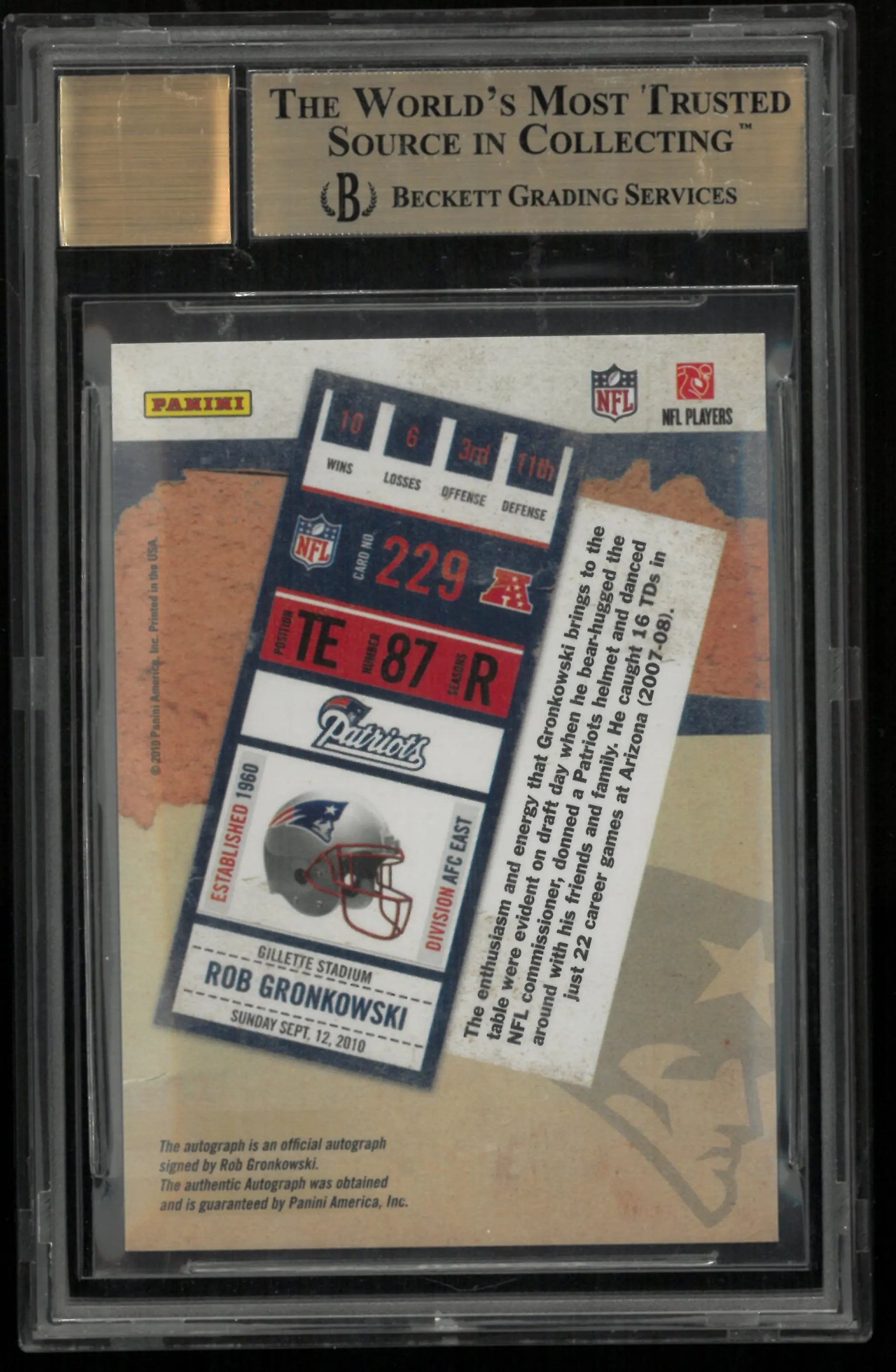 2010 Playoff Contenders Football White Jsy Rob Gronkowski RC Auto /499 BGS 9.5 
