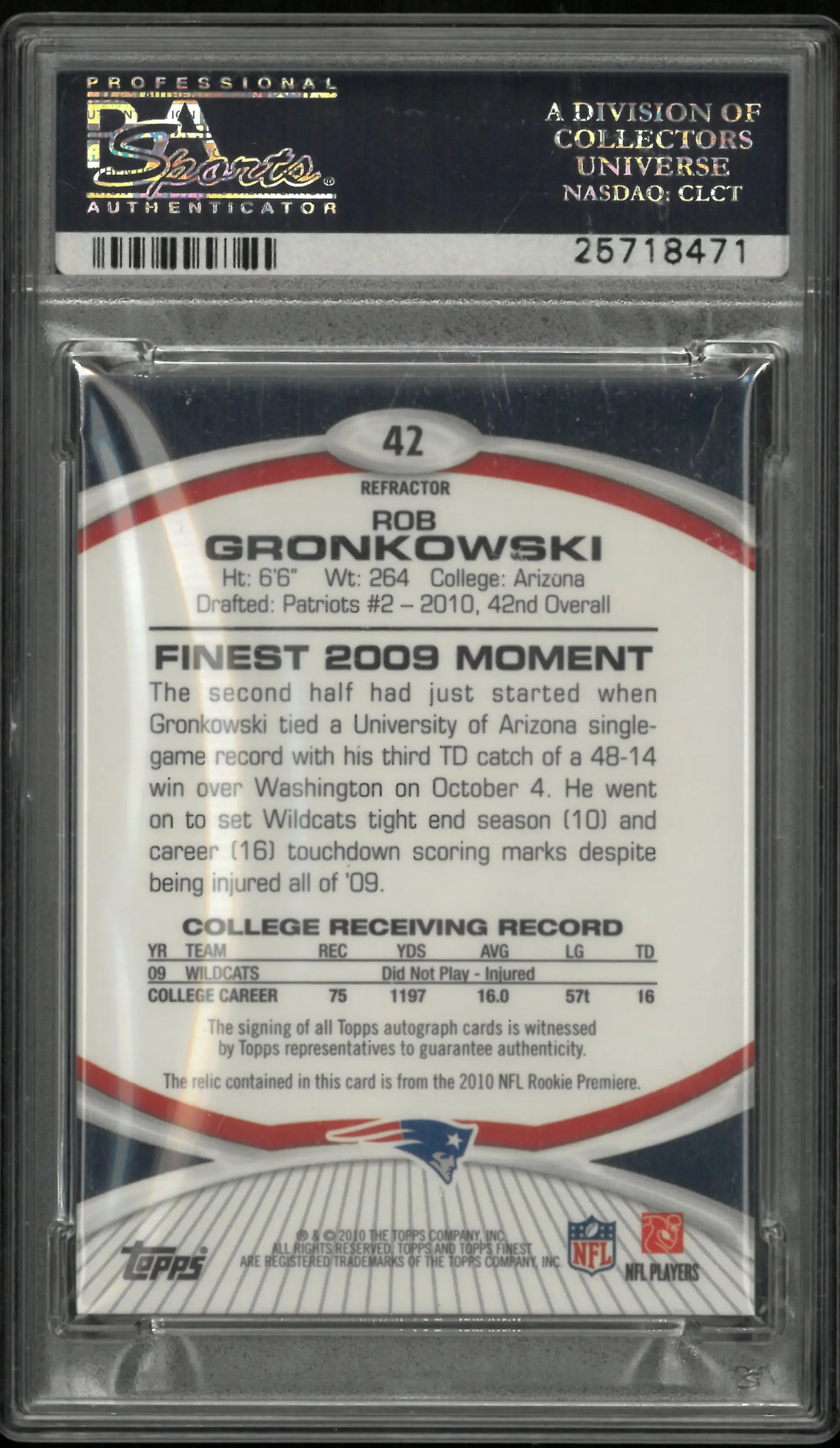 2010 Topps Finest Rob Gronkowski RC Rookie Auto Patch Refractor PSA 10 /99 