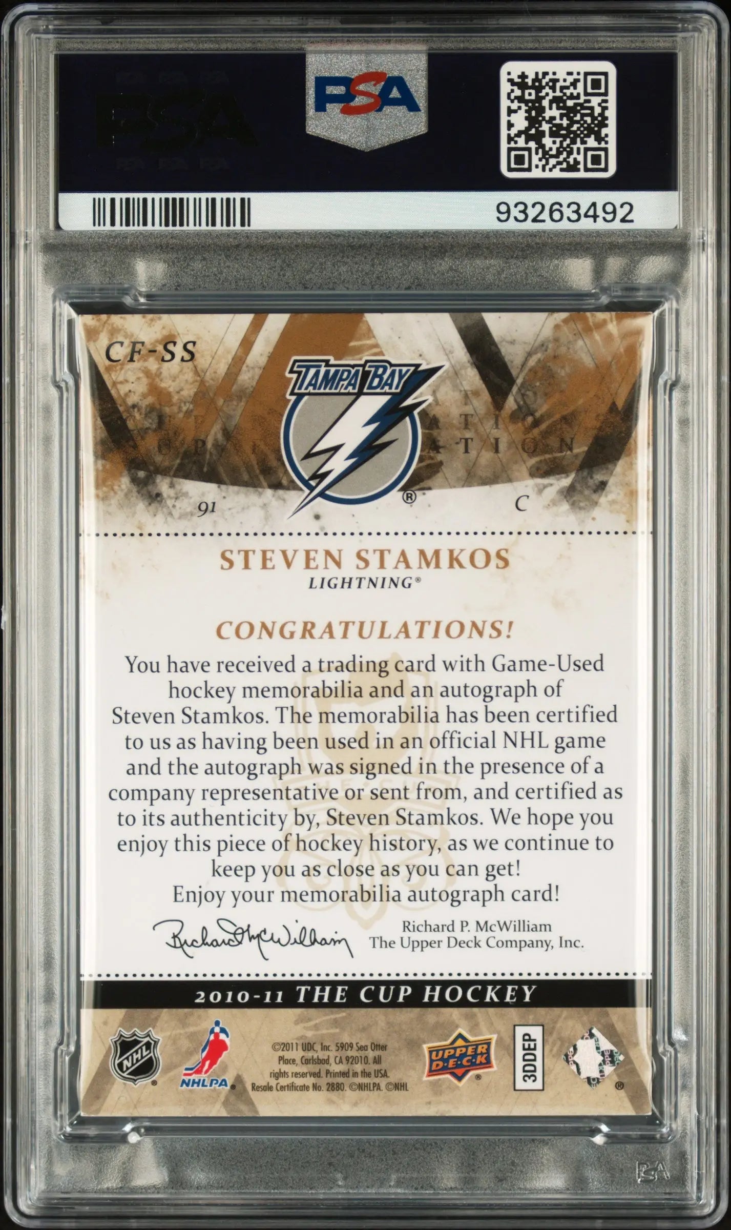 2010 UD The Cup Quad Foundations Jerseys Patch Steven Stamkos Auto /15 PSA 8 