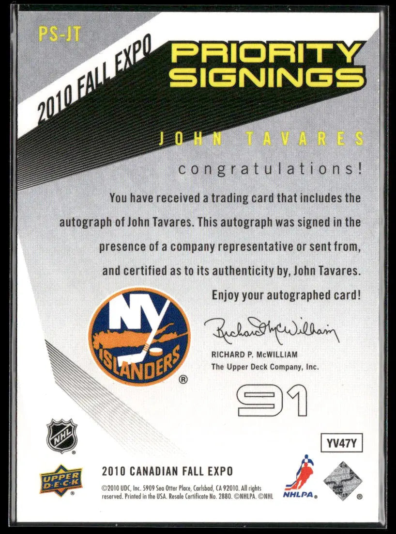 2010 Upper Deck Canadian Fall Expo Priority Signings John Tavares /25 