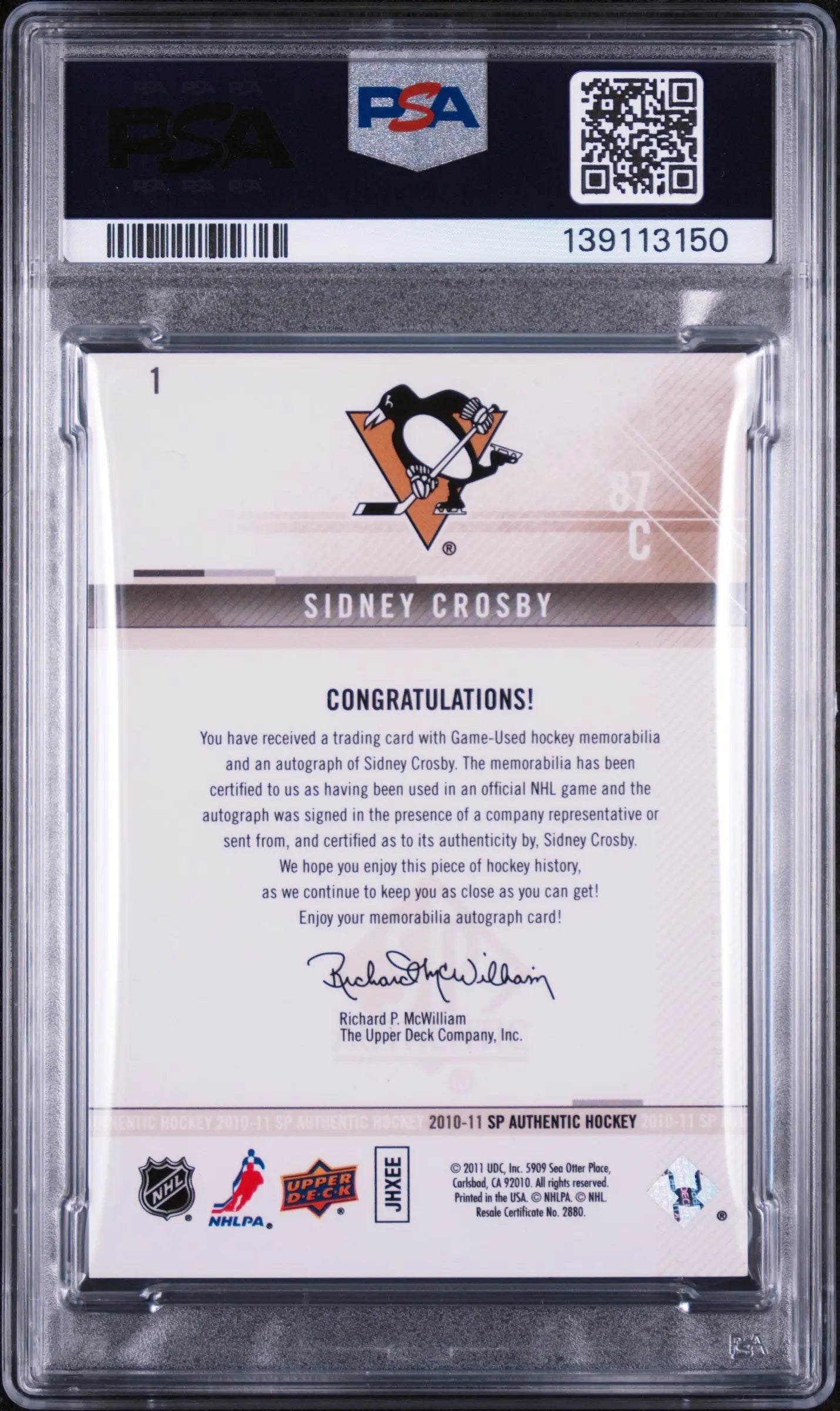 2010 Upper Deck SP Authentic Limited Patch Autograph Sidney Crosby /100 PSA 8 