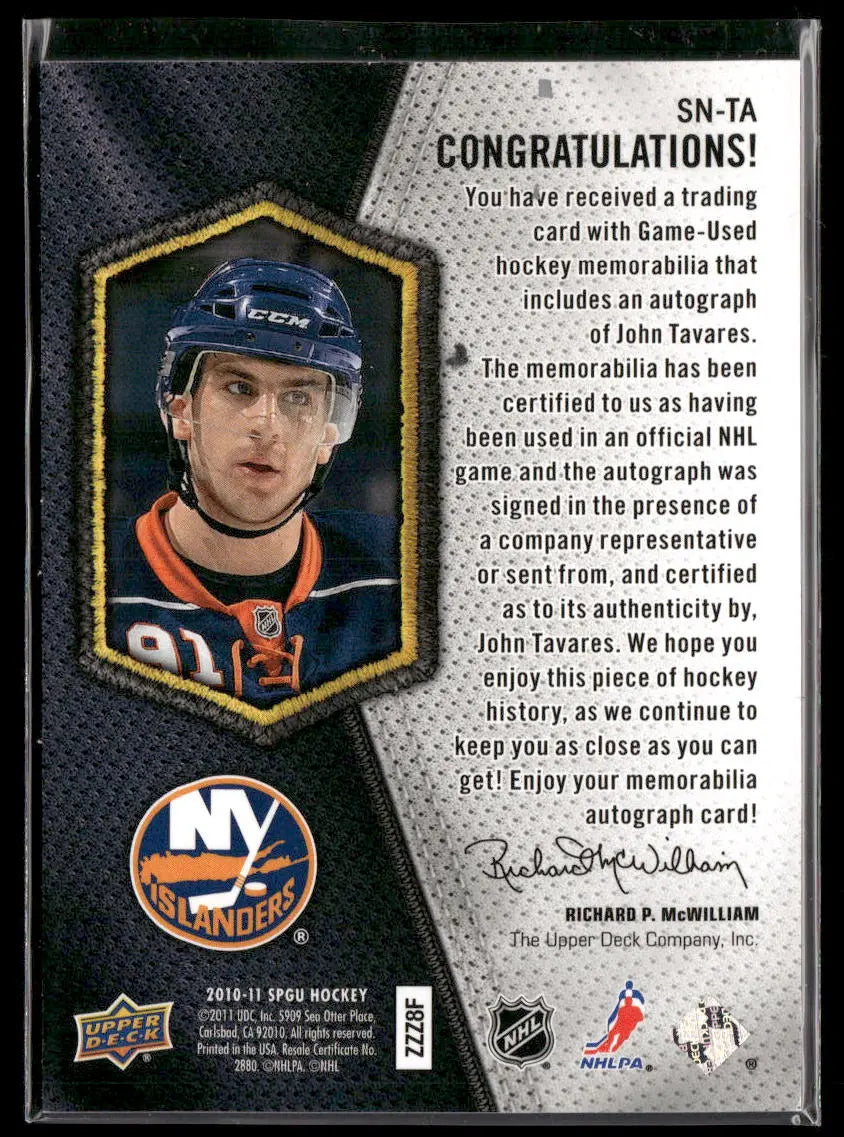 2010 Upper Deck SP Game Used Hockey Significant Numbers Patch Auto John Tavares /91 