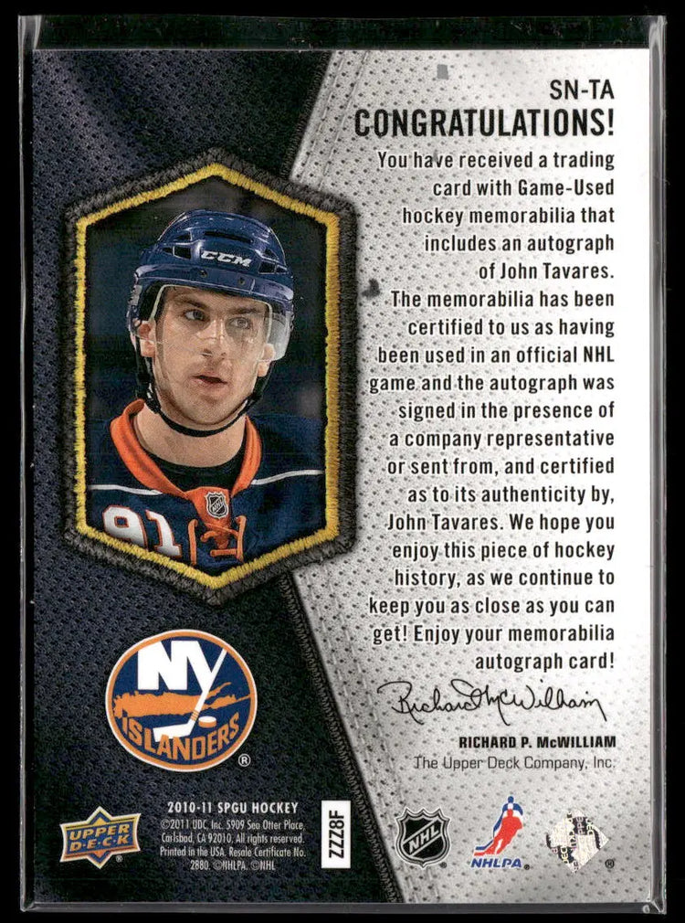 2010 Upper Deck SP Game Used Hockey Significant Numbers Patch Auto John Tavares /91 