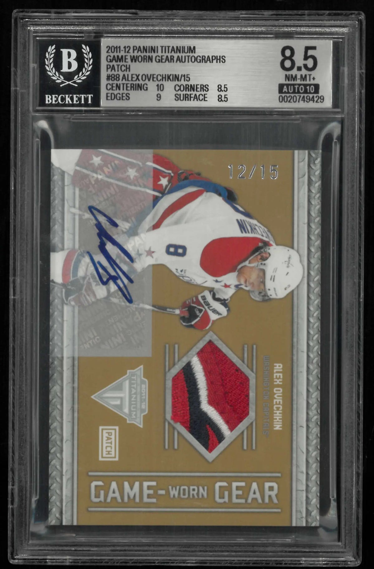 2011-12 Panini Titanium Game Worn Autograph Patch Alex Ovechkin Auto /15 BGS 8.5 