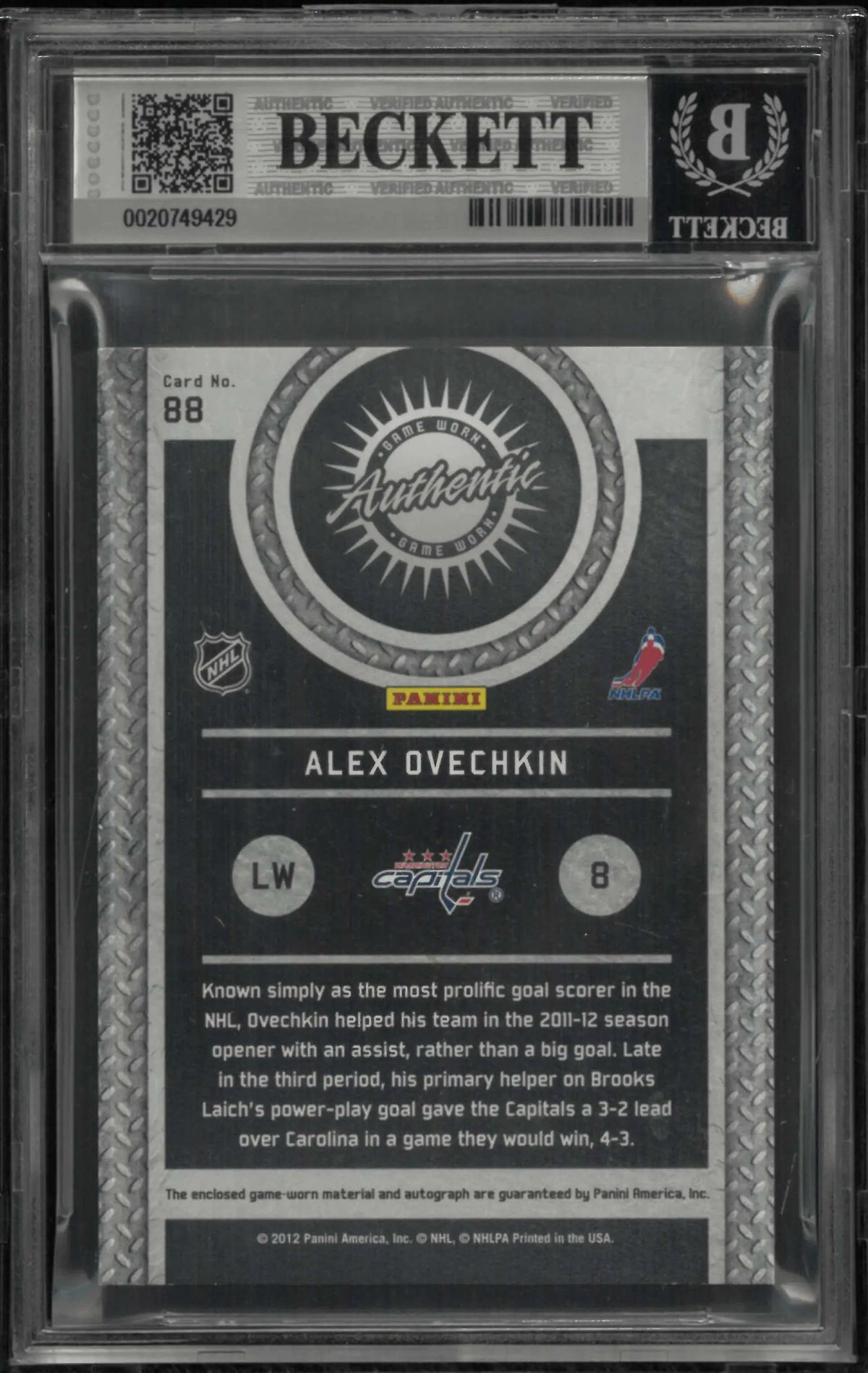 2011-12 Panini Titanium Game Worn Autograph Patch Alex Ovechkin Auto /15 BGS 8.5 