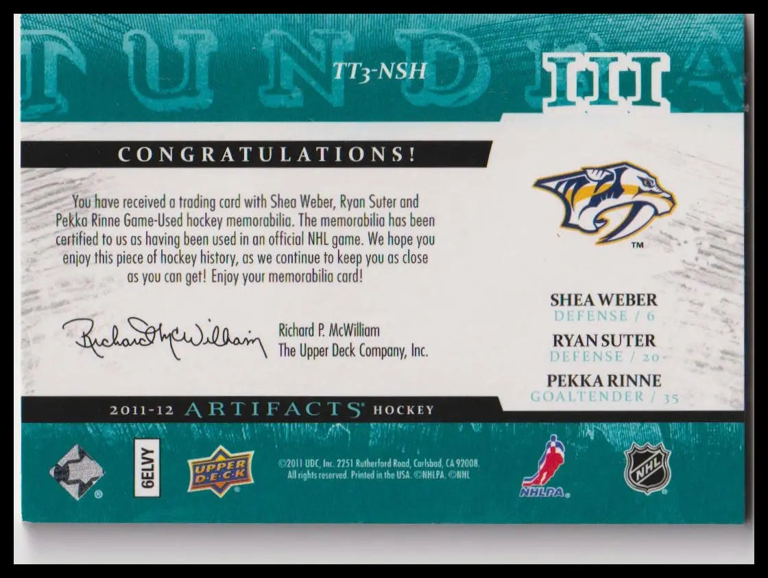 2011-12 UD Artifacts Weber Suter Rinne Tundra Trios Patches Emerald #/20 