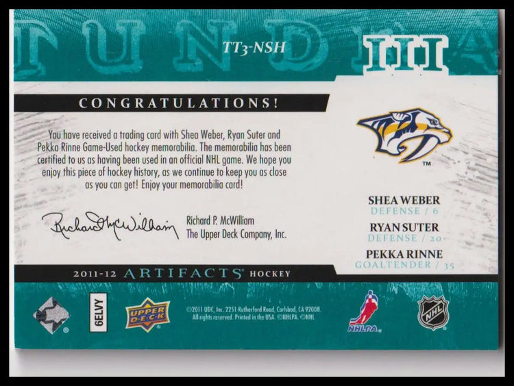2011-12 UD Artifacts Weber Suter Rinne Tundra Trios Patches Emerald #/20 