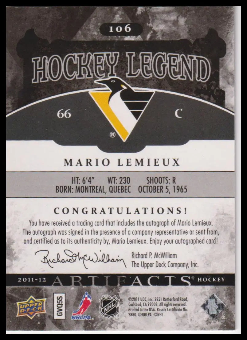 2011-12 Upper Deck Artifacts #106 Mario Lemieux Black Auto #/5 