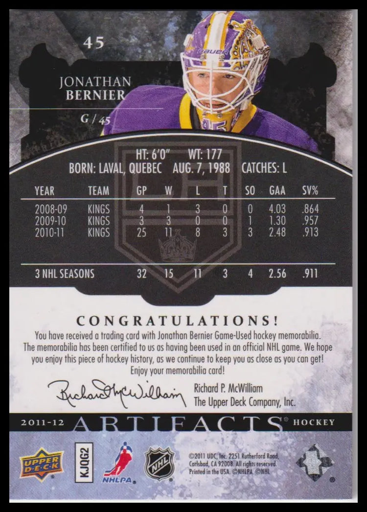 2011-12 Upper Deck Artifacts #45 Jonathan Bernier Jerseys Patch Tags Black #/5 