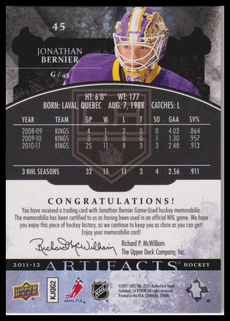 2011-12 Upper Deck Artifacts #45 Jonathan Bernier Jerseys Patch Tags Black #/5 