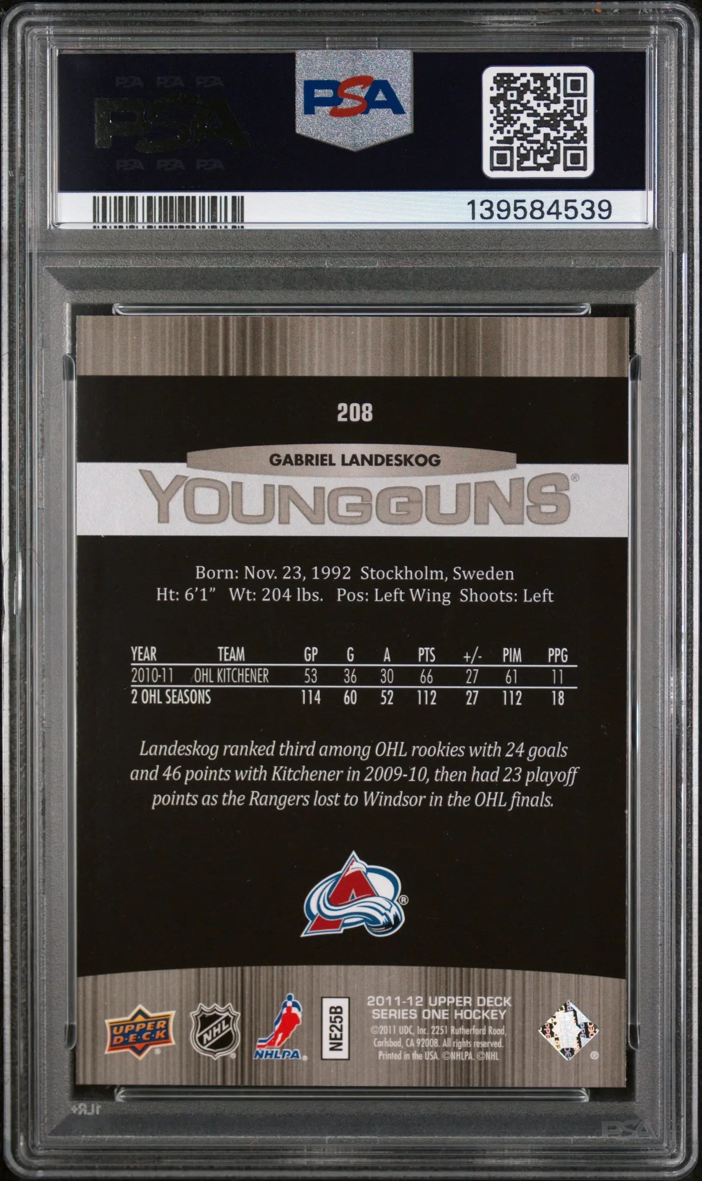 2011-12  Upper Deck Series One Gabriel Landeskog Young Guns RC Rookie PSA 10 