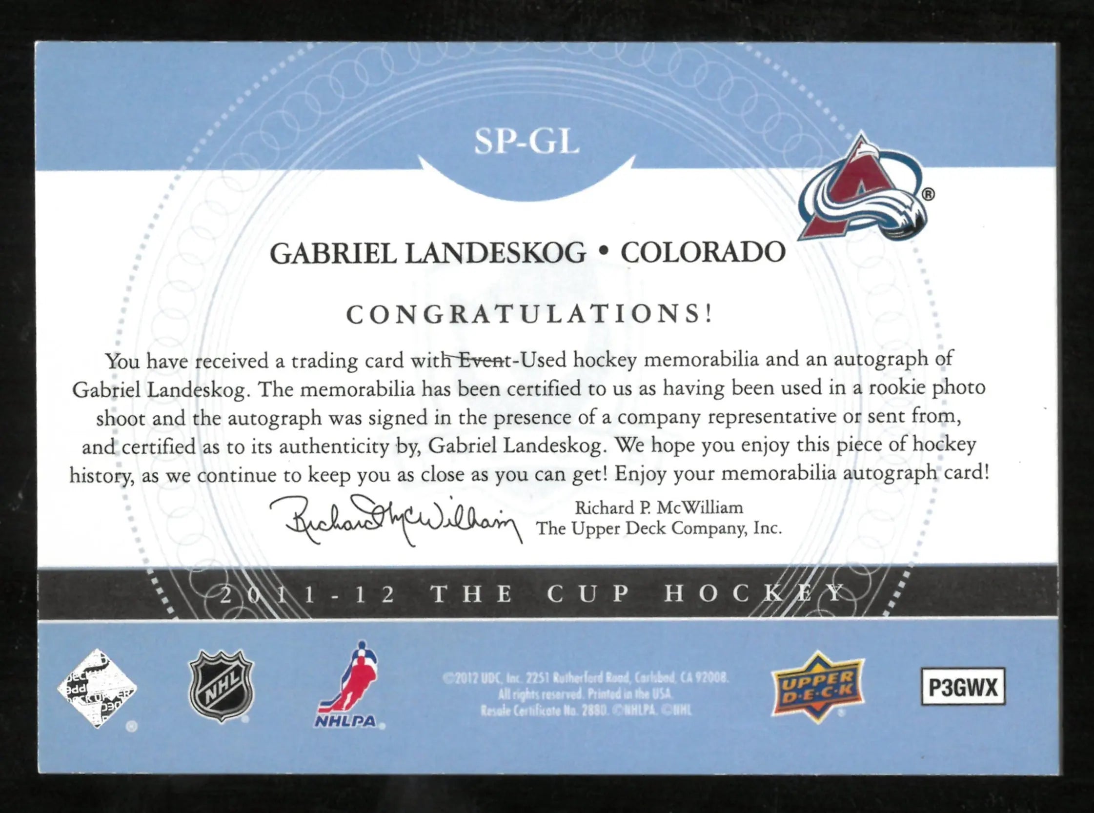 2011-12 Upper Deck The Cup Gabriel Landeskog Patch Auto Autograph 