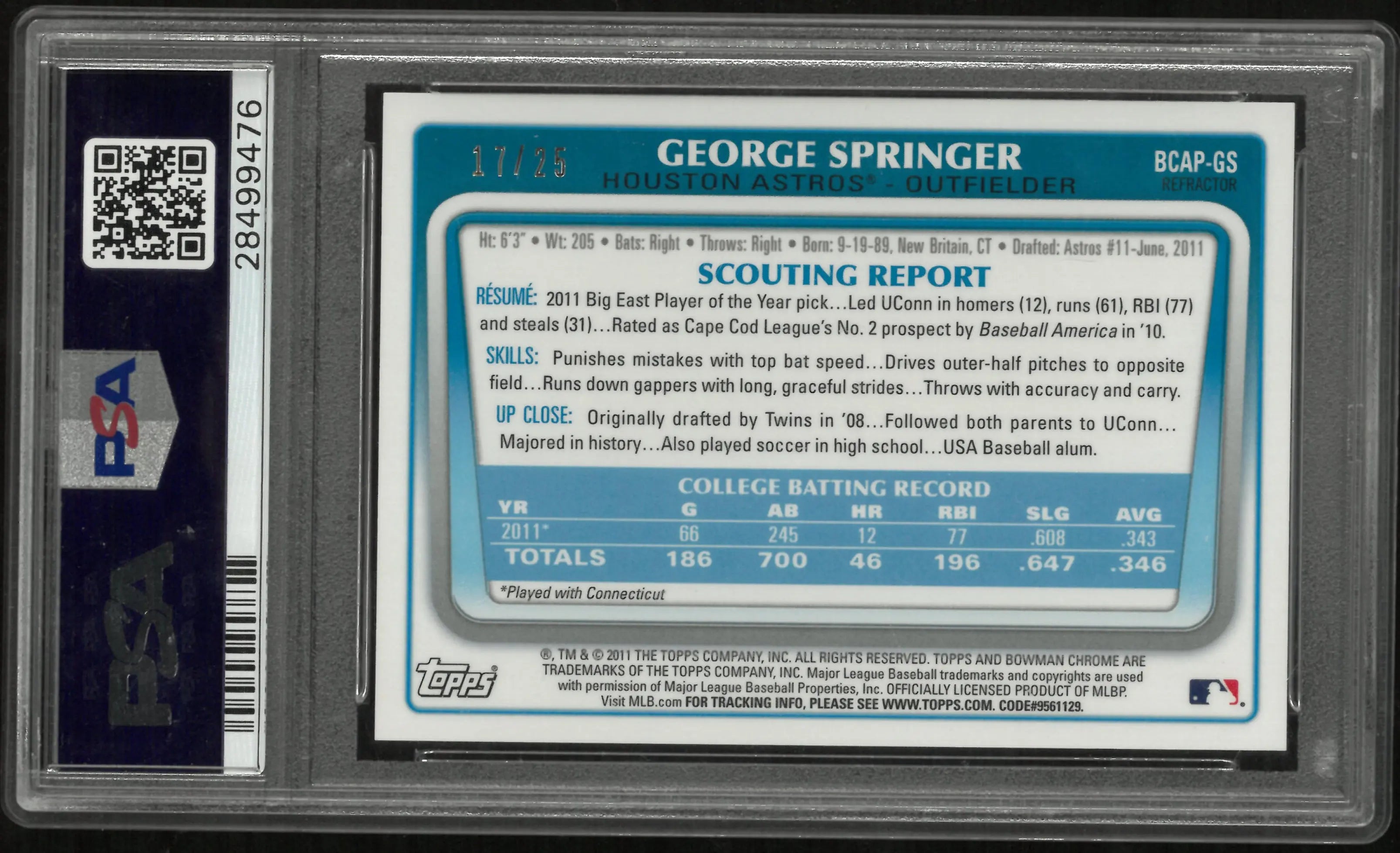2011 Bowman Chrome Prospect Auto George Springer RC Orange Refractor PSA 10 /25 