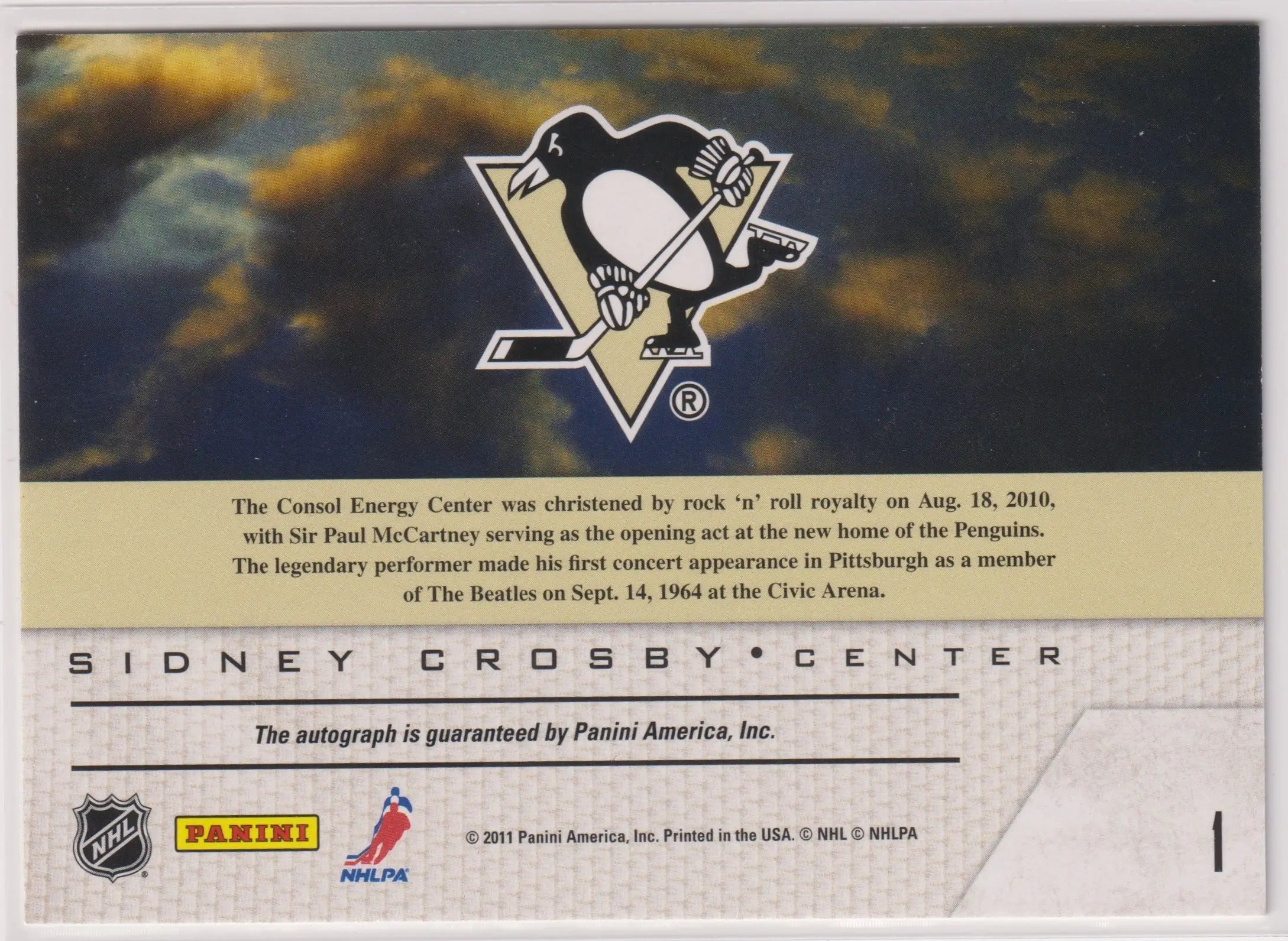 2011 Panini Game Night Autograph Sidney Crosby Auto 