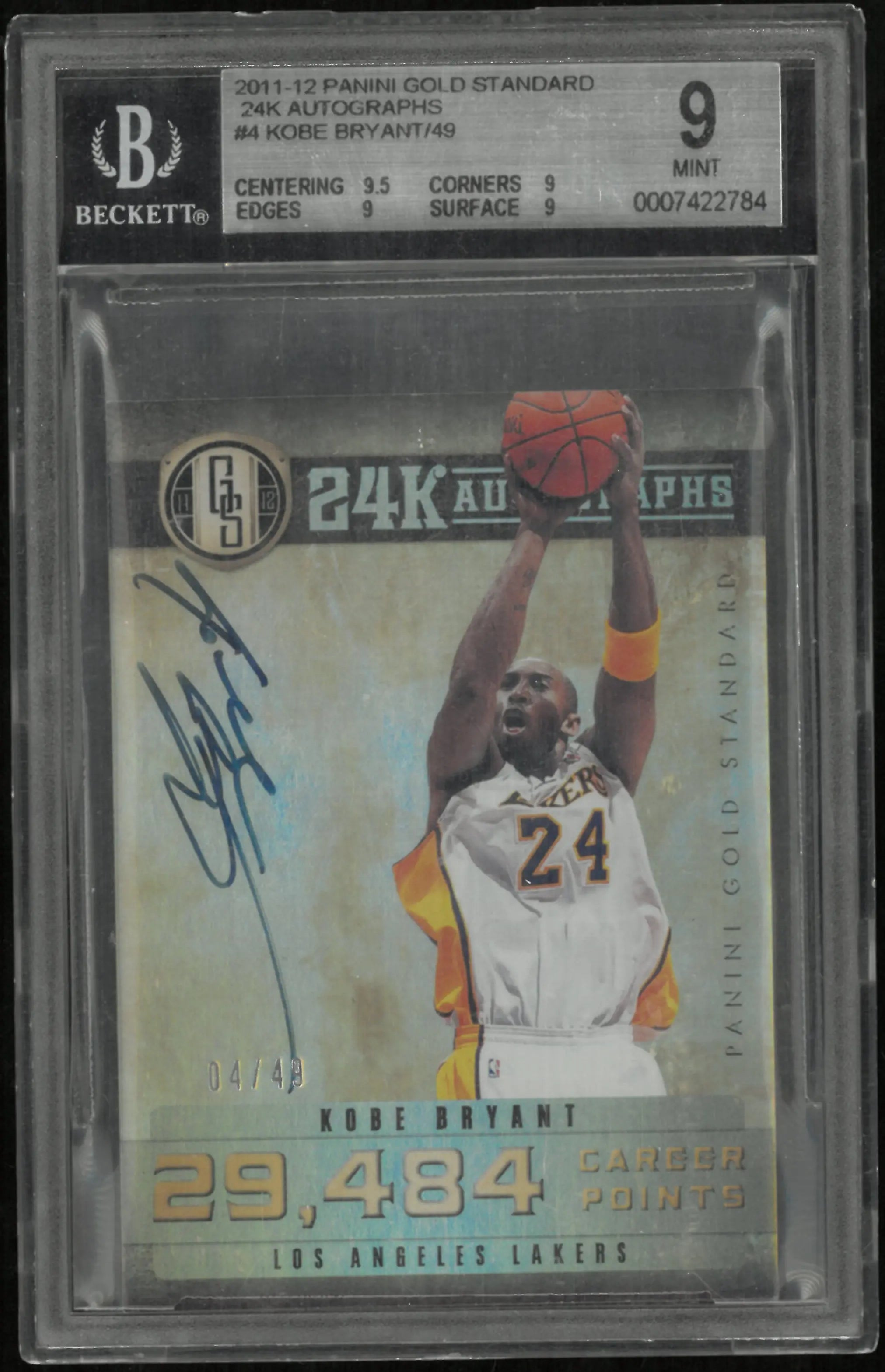2011 Panini Gold Standard 24K Autograph Auto Kobe Bryant /49 BGS 9 Auto 10 