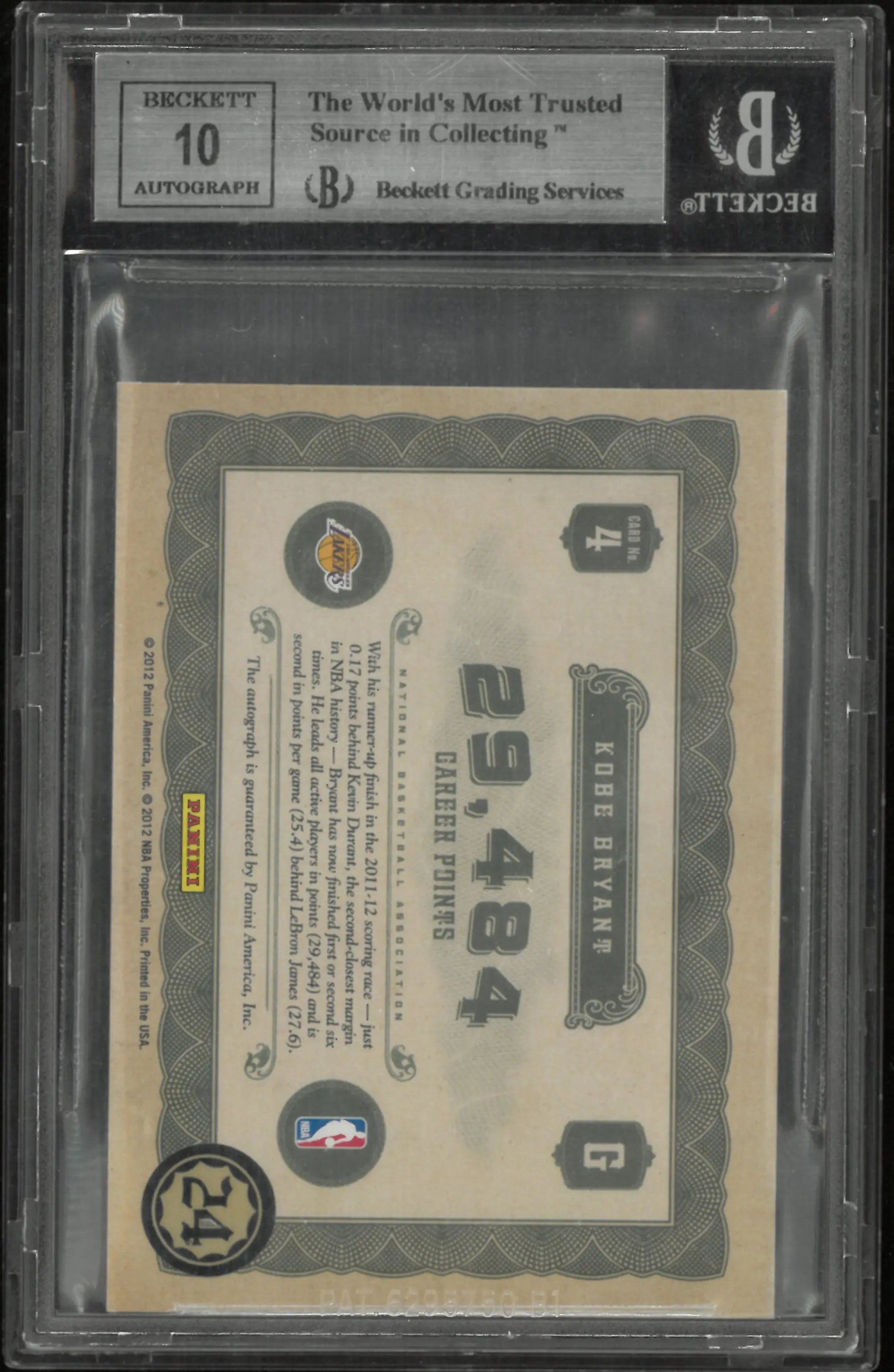 2011 Panini Gold Standard 24K Autograph Auto Kobe Bryant /49 BGS 9 Auto 10 