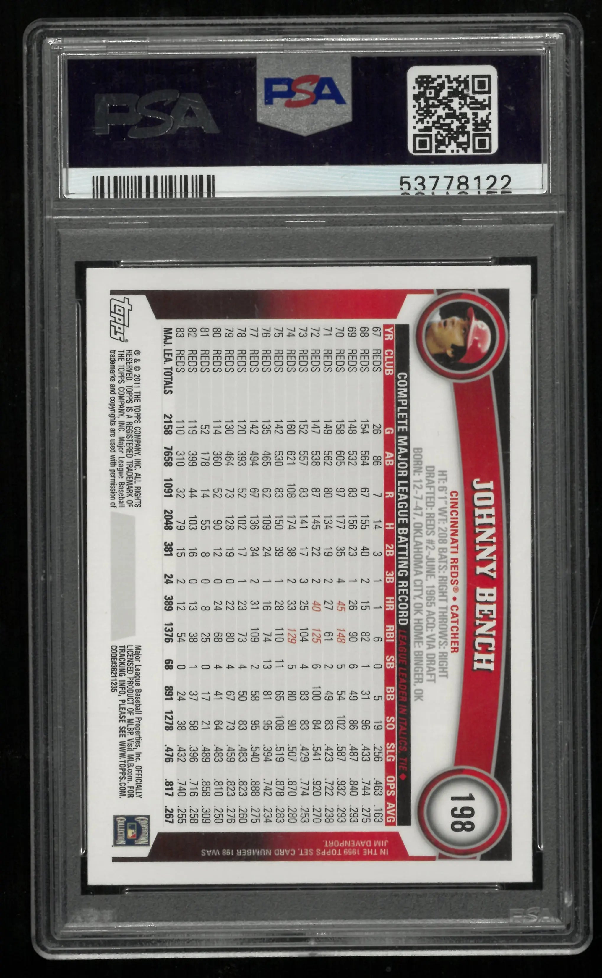 2011 Topps Johnny Bench #198 Diamond Anniversary PSA 10 