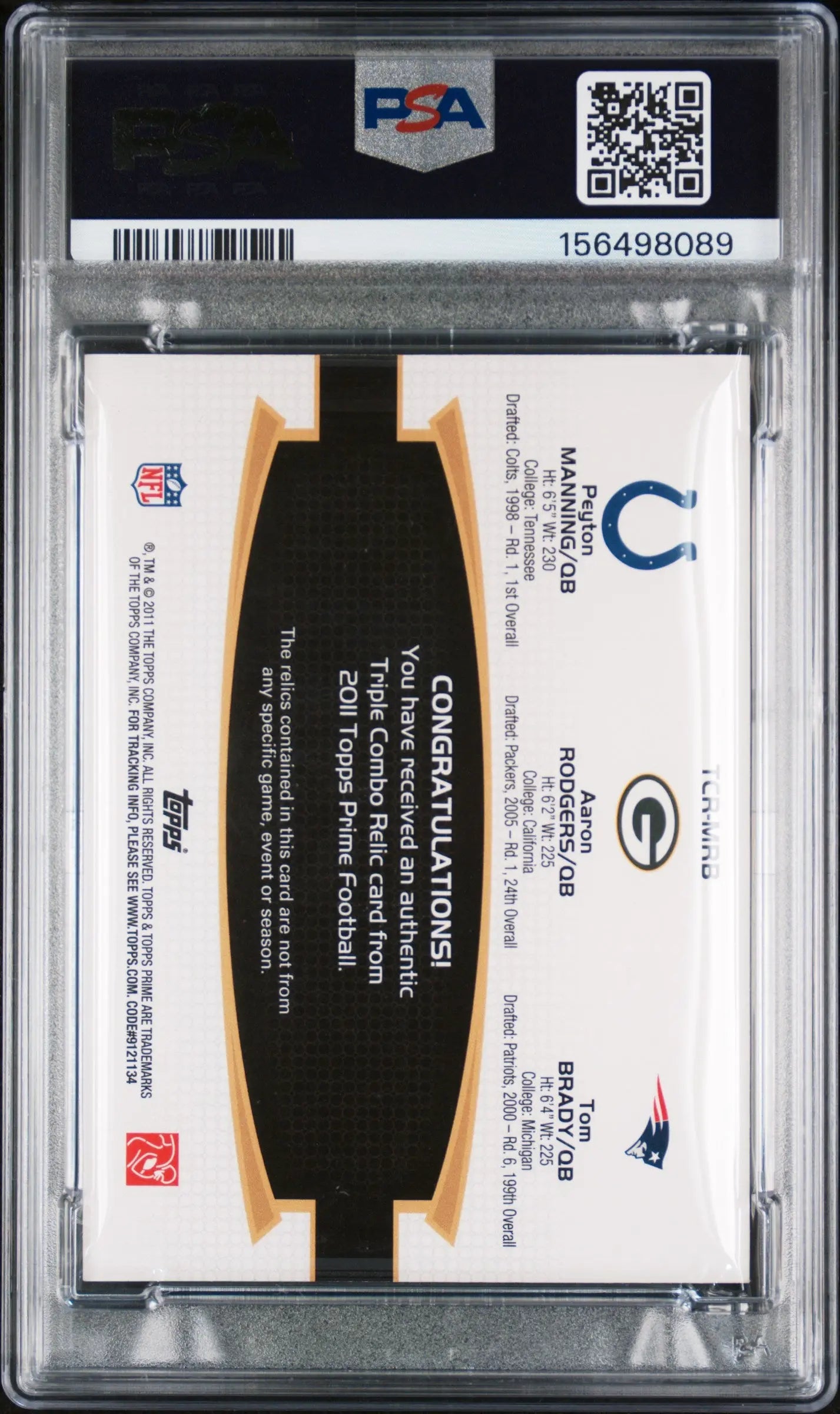 2011 Topps Prime Triple Combo Relic Patches P.Mannning/Rodgers/Brady /388 PSA 10 