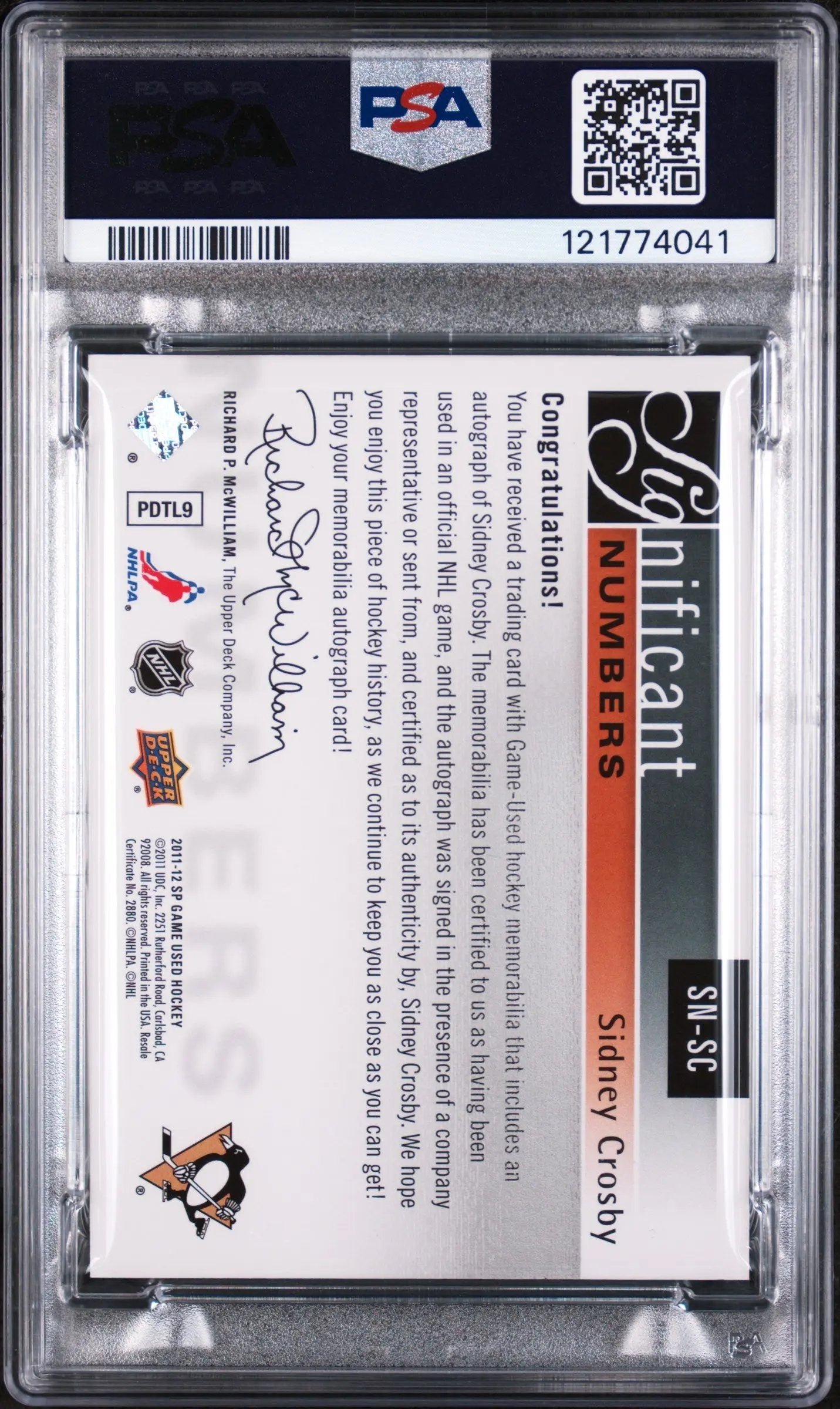 2011 UD SP Game Used Significant Numbers Auto Sidney Crosby /87 PSA Authentic 