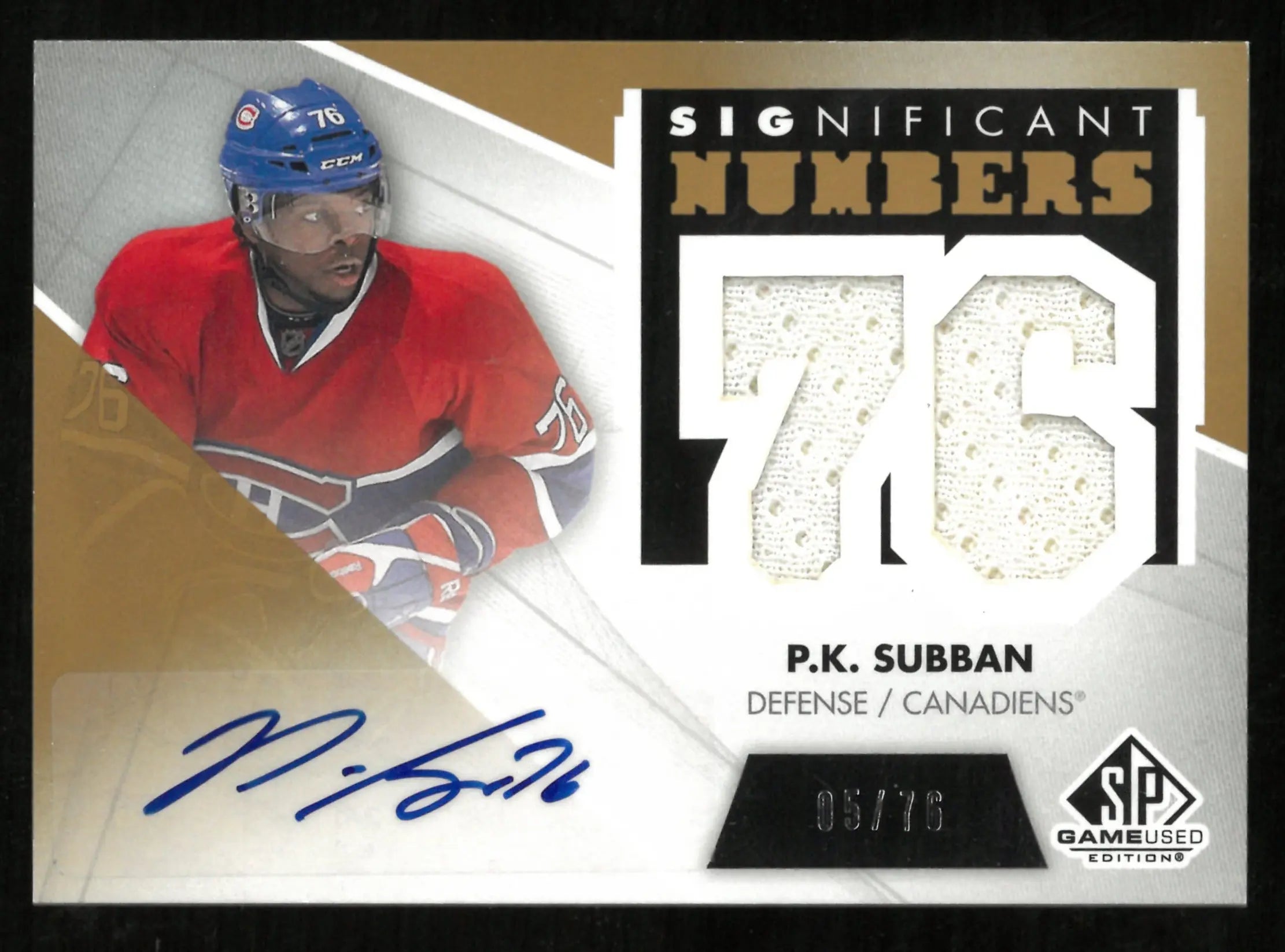 2012-13 Upper Deck SP Game Used Patch Auto P.K. Subban /76 