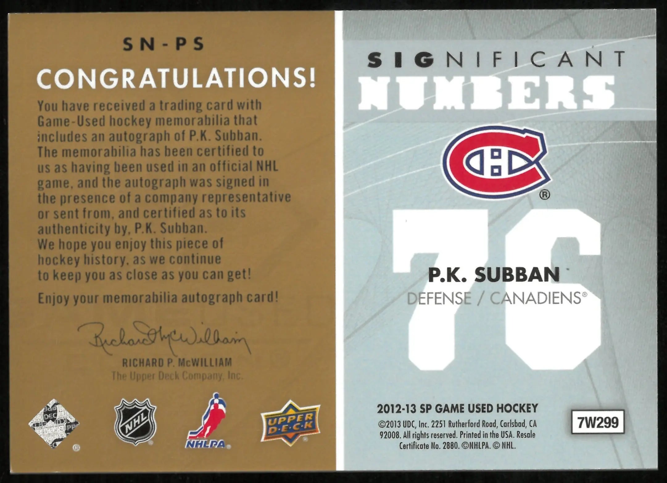 2012-13 Upper Deck SP Game Used Patch Auto P.K. Subban /76 
