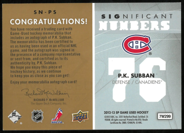 2012-13 Upper Deck SP Game Used Patch Auto P.K. Subban /76 
