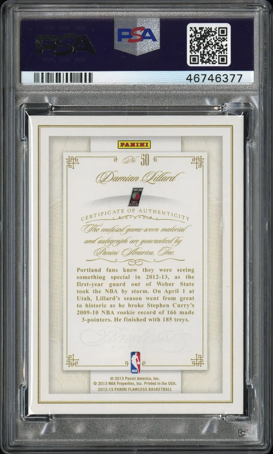2012 Flawless Basketball Patch Auto Damian Lillard Gold /10 PSA 10 Auto 10 