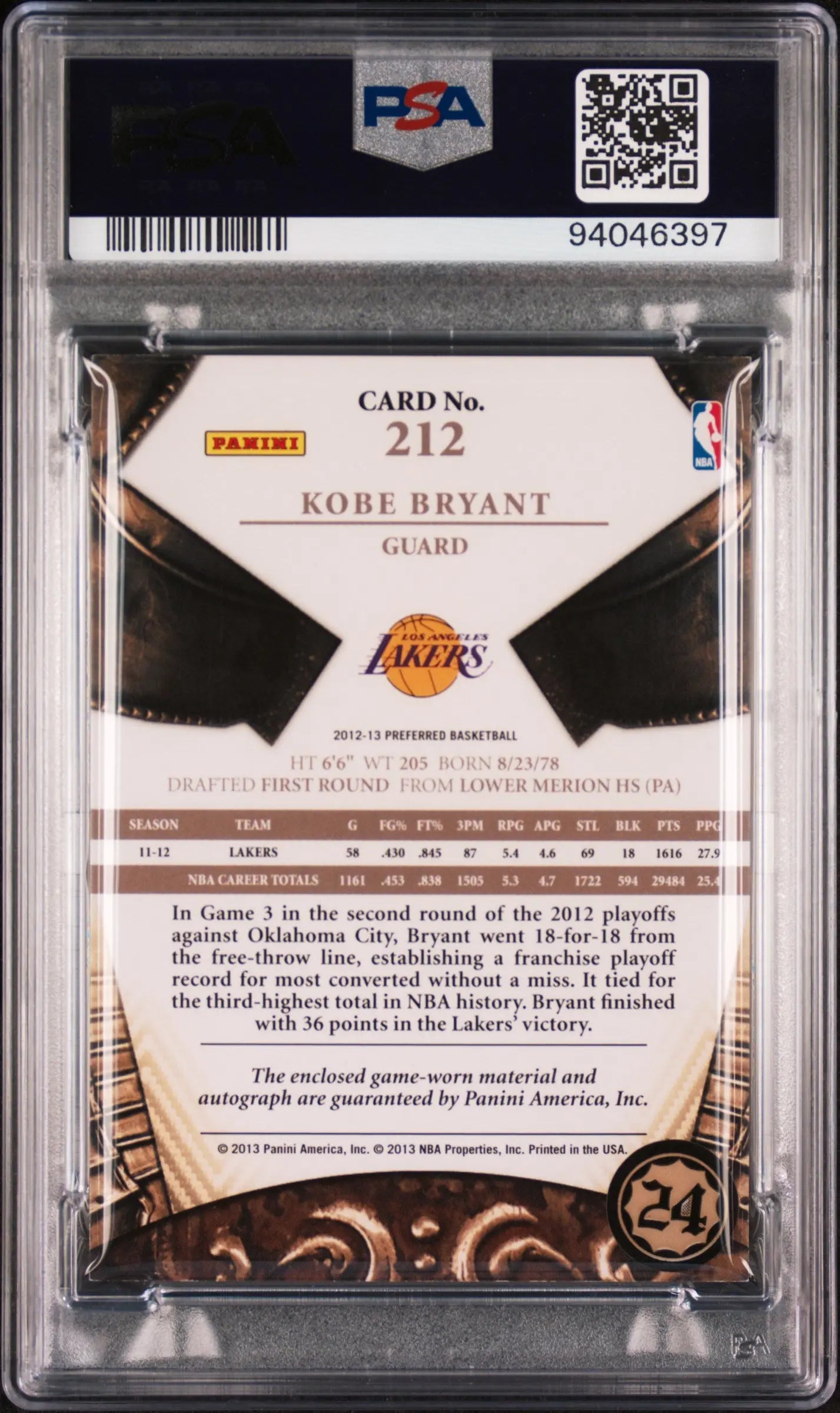 2012 Panini Preferred Crown Royale Kobe Bryant Jersey Signature Auto /49 PSA 4 