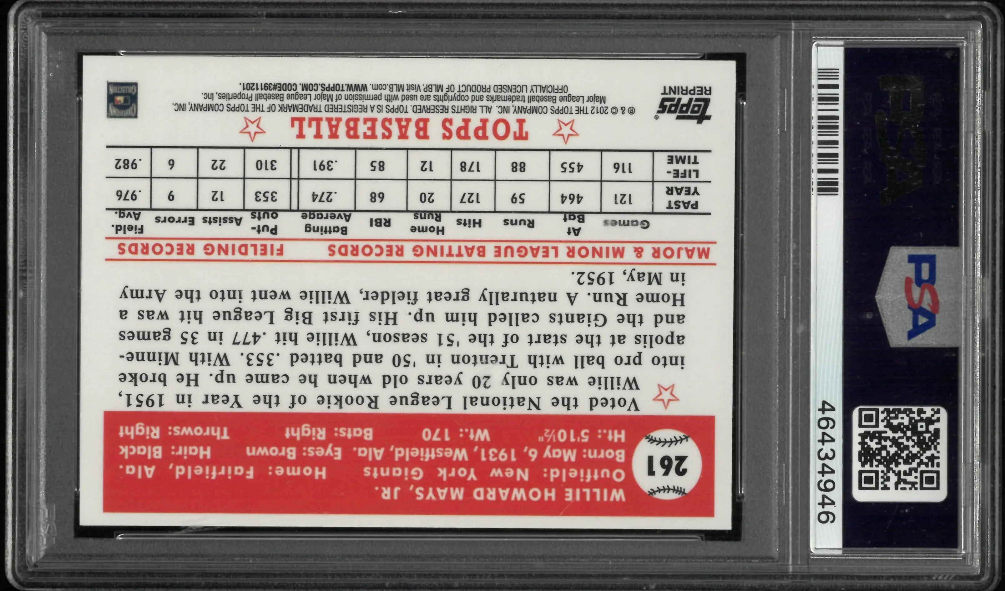 2012 Topps Factory Set Bonus Gold Refractor Willie Mays #261 1952 PSA 8 
