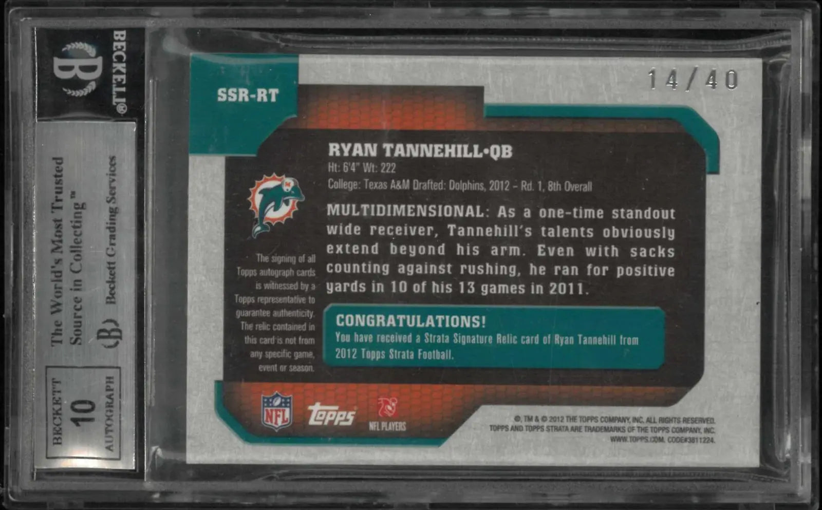 2012 Topps Strata Rookie Autograph Patch Ryan Tannehill Auto /40 RC BGS 9 