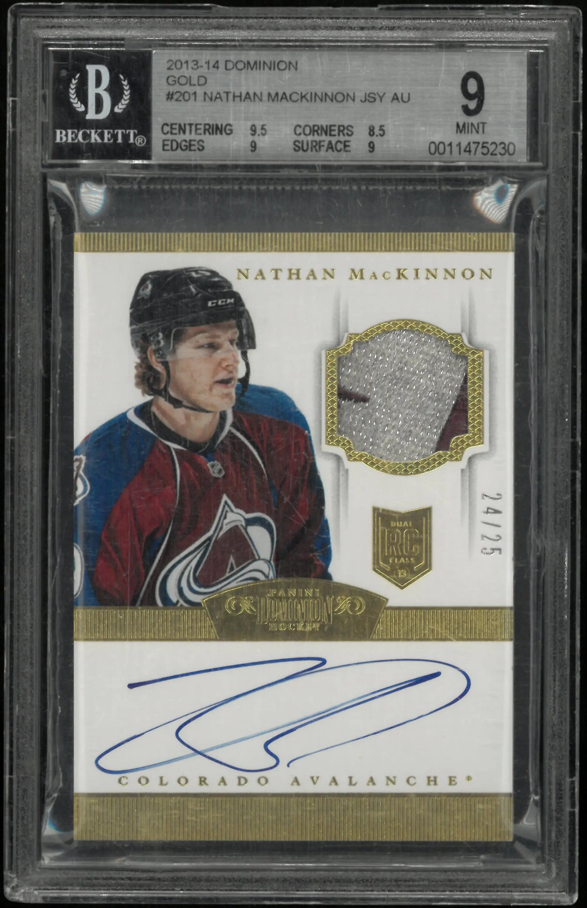 2013-14 Panini Dominion Gold Nathan MacKinnon RC Jersey Patch Auto BGS 9 /25 