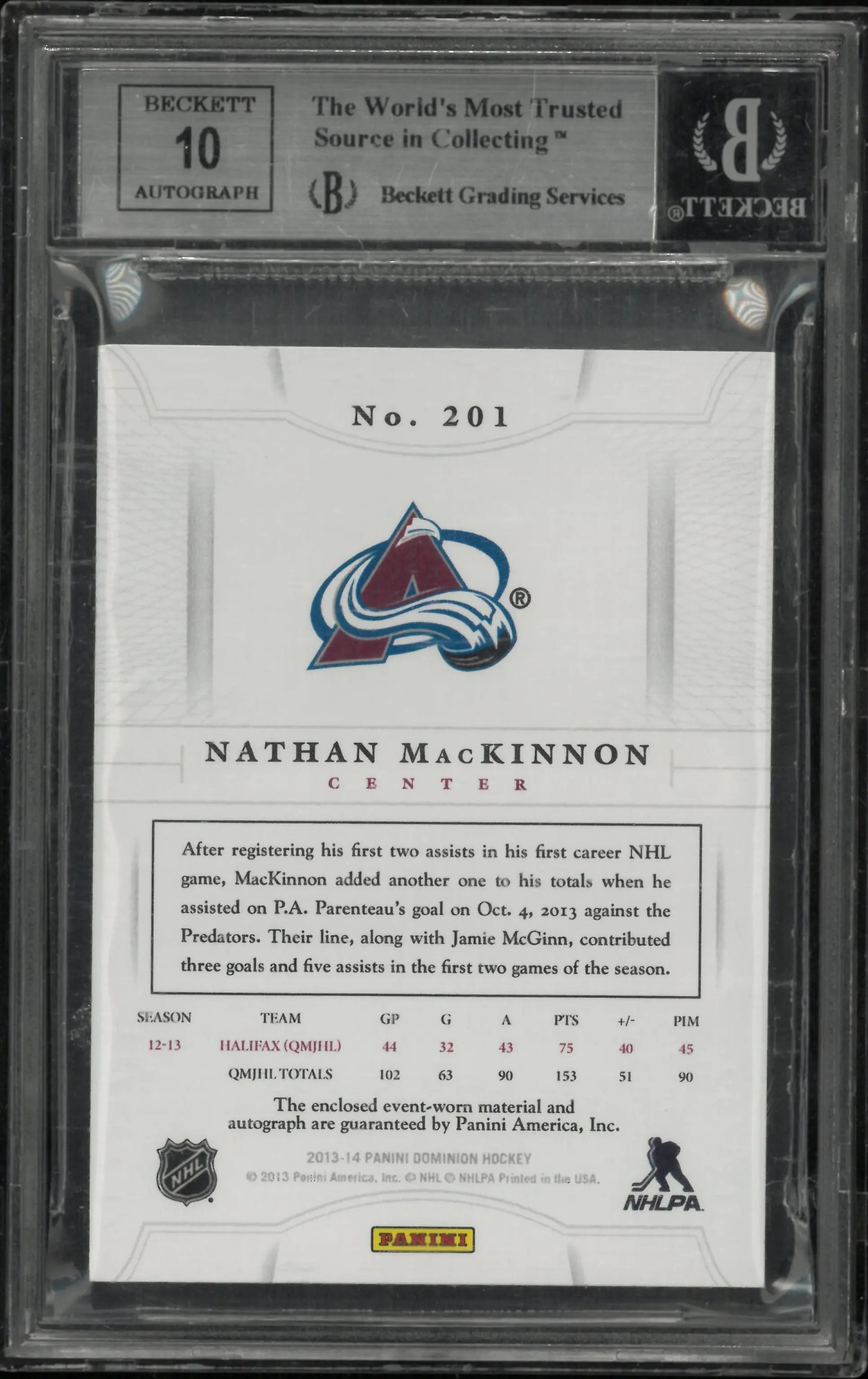2013-14 Panini Dominion Gold Nathan MacKinnon RC Jersey Patch Auto BGS 9 /25 