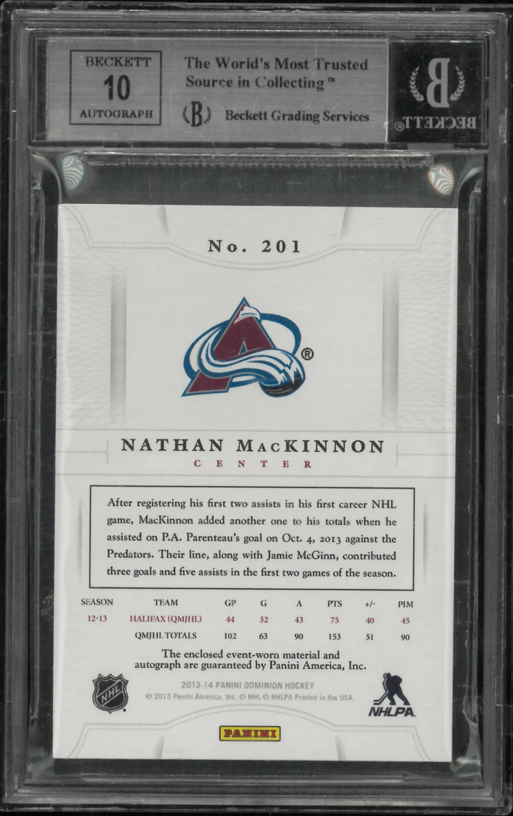 2013-14 Panini Dominion Gold Nathan MacKinnon RC Jersey Patch Auto BGS 9 /25 