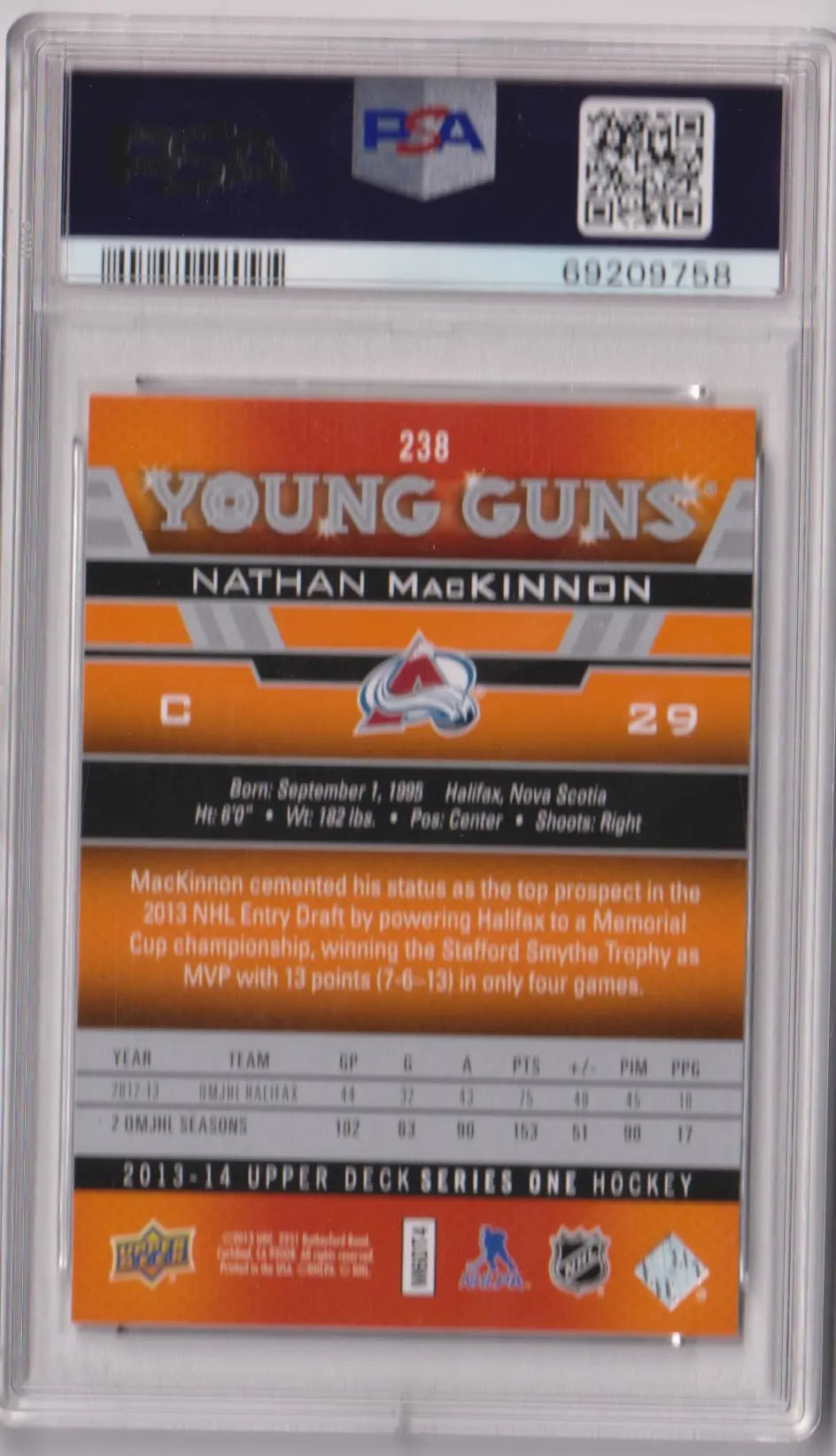 2013-14 Upper Deck Series One Young Guns Rookie Nathan Mackinnon RC PSA 10 