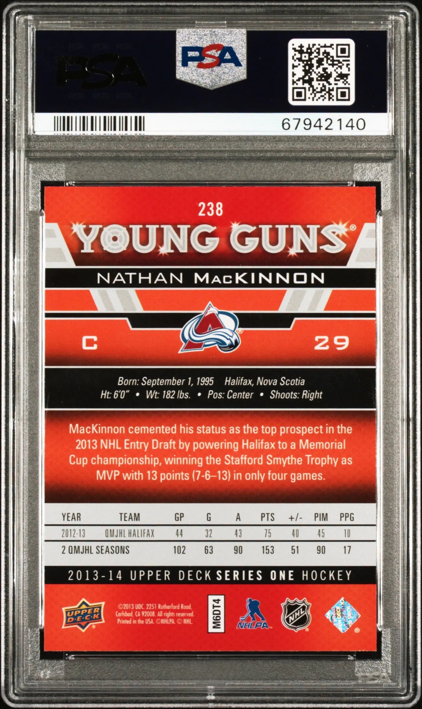 2013-14 Upper Deck Series One Young Guns Rookie Nathan Mackinnon RC PSA 10 