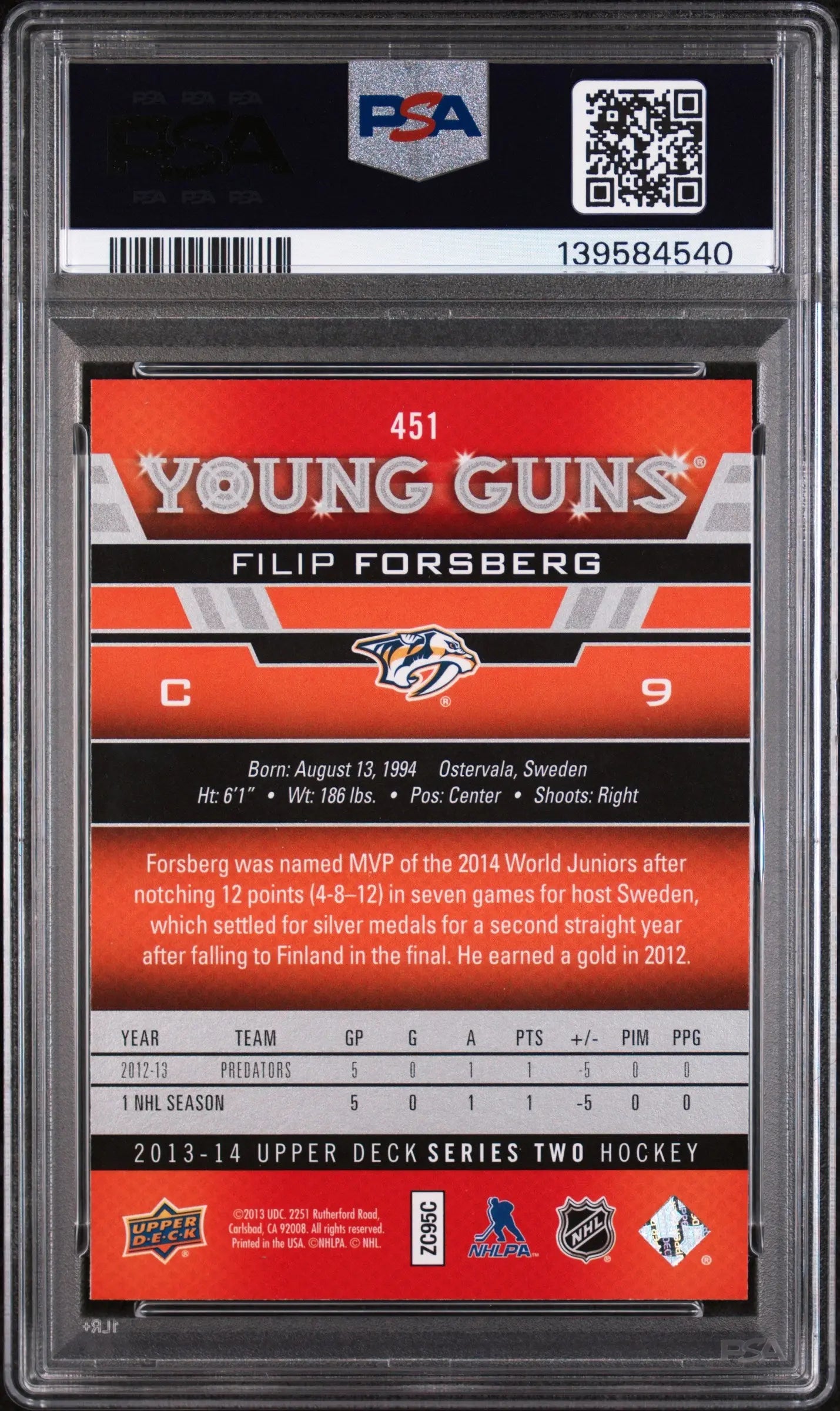 2013-14 Upper Deck Series Two Filip Forsberg Young Guns RC Rookie #451 PSA 10 