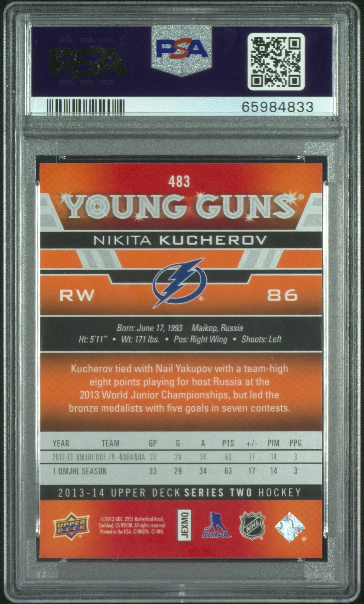 2013-14 Upper Deck Series Two Young Guns Rookie Nikita Kucherov RC PSA 9 