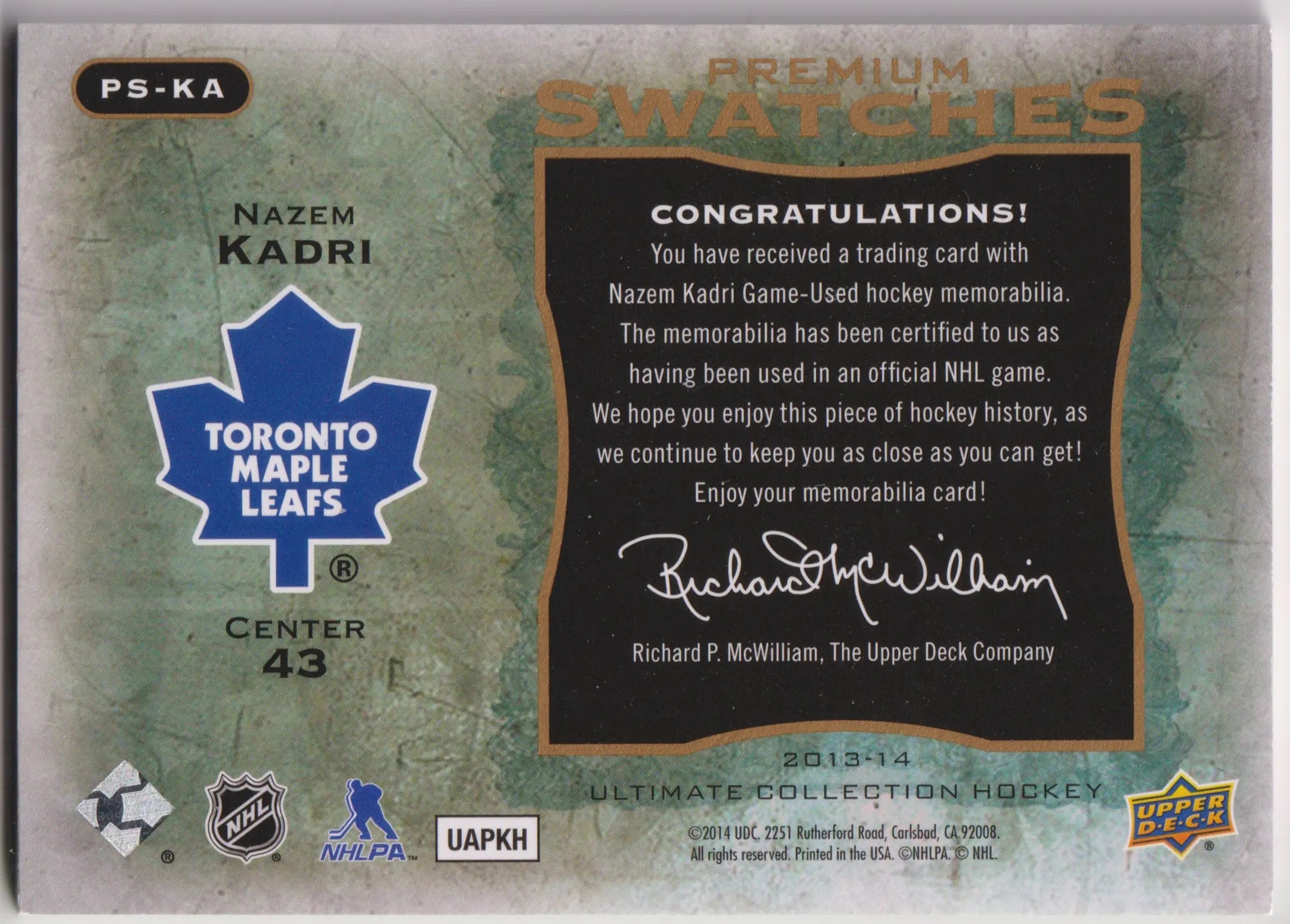 2013-14 Upper Deck Ultimate Collection Nazem Kadri Premium Swatches Patch /25 