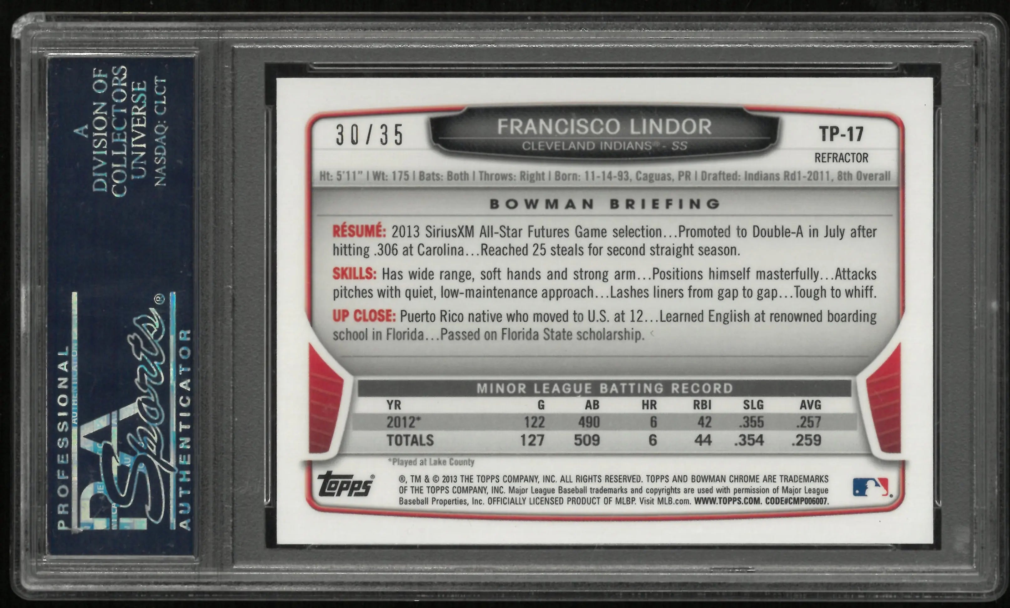 2013 Bowman Chrome Black Refractor PSA 10 Francisco Lindor RC Rookie /35 