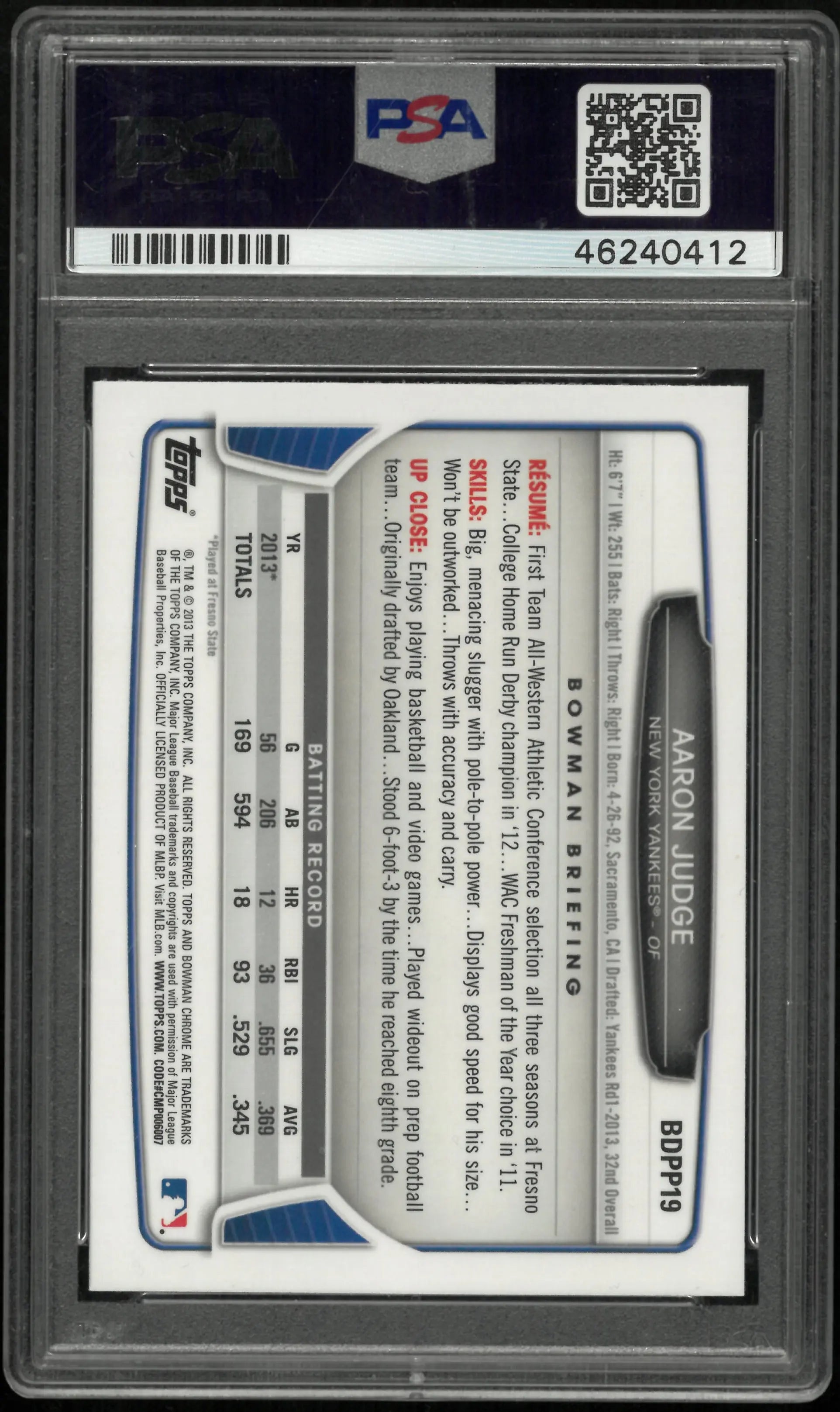 2013 Bowman Chrome Draft Picks & Prospects Aaron Judge RC Rookie PSA 10 