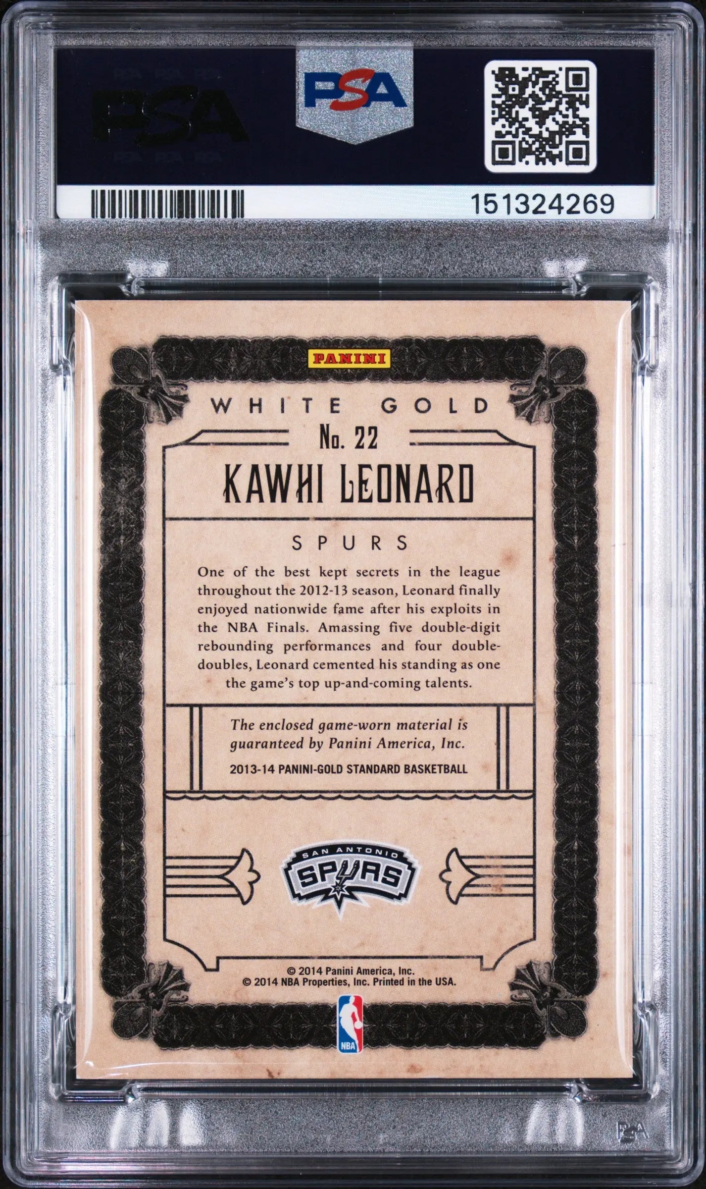 2013 Panini Gold Standard White Gold Threads Patch Kawhi Leonard #22 /199 PSA 9 