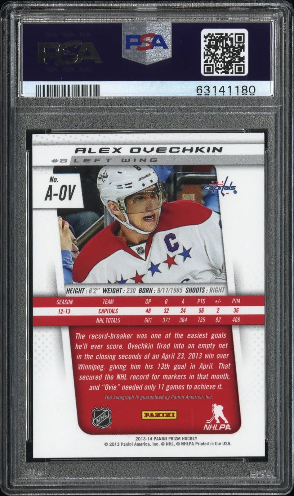 2013 Panini Prizm Hockey Alex Ovechkin Auto Autographs PSA 10 OVI CAPITALS 