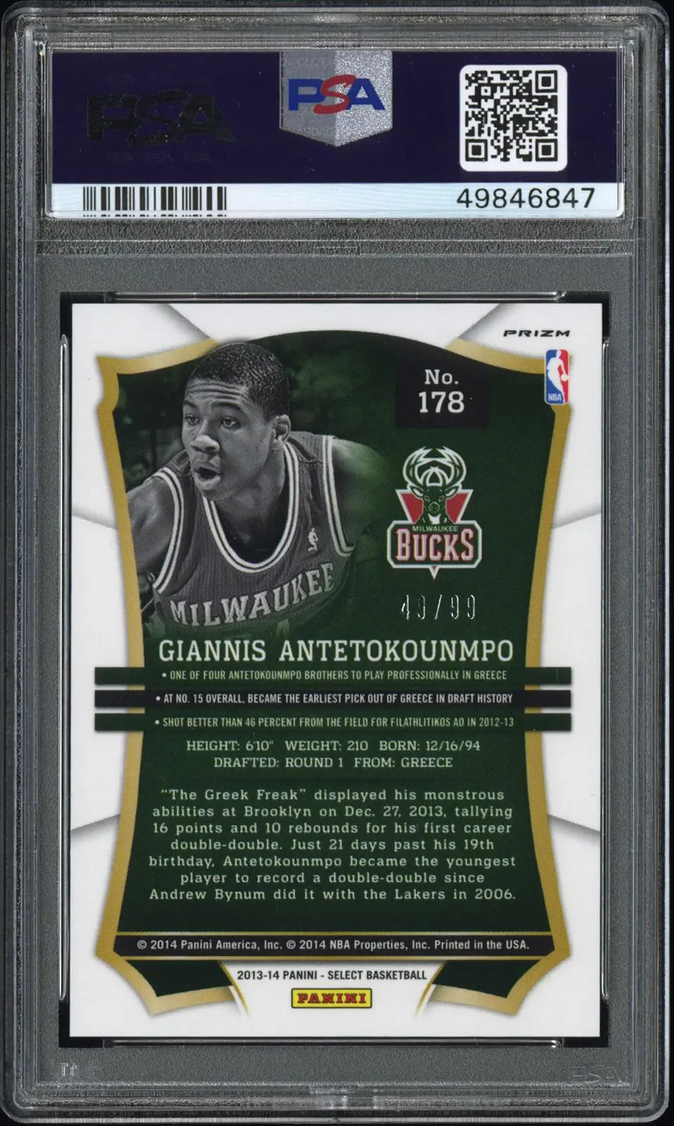 2013 Panini Select Basketball Giannis Antetokounmpo RC Purple Prizm PSA 10 /99 