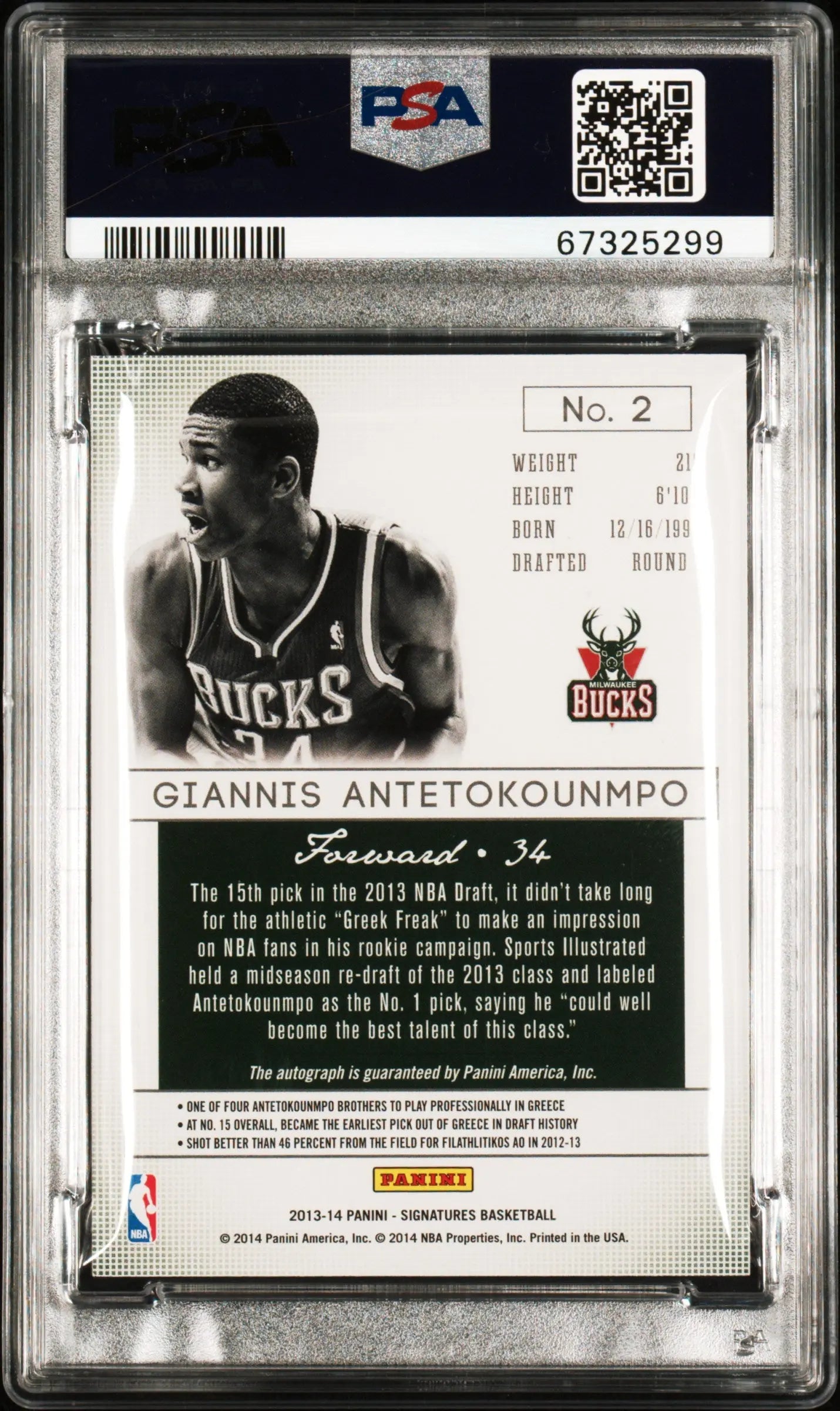 2013 Panini Signatures Rookie Autographs Giannis Antetokounmpo /199 PSA 10 