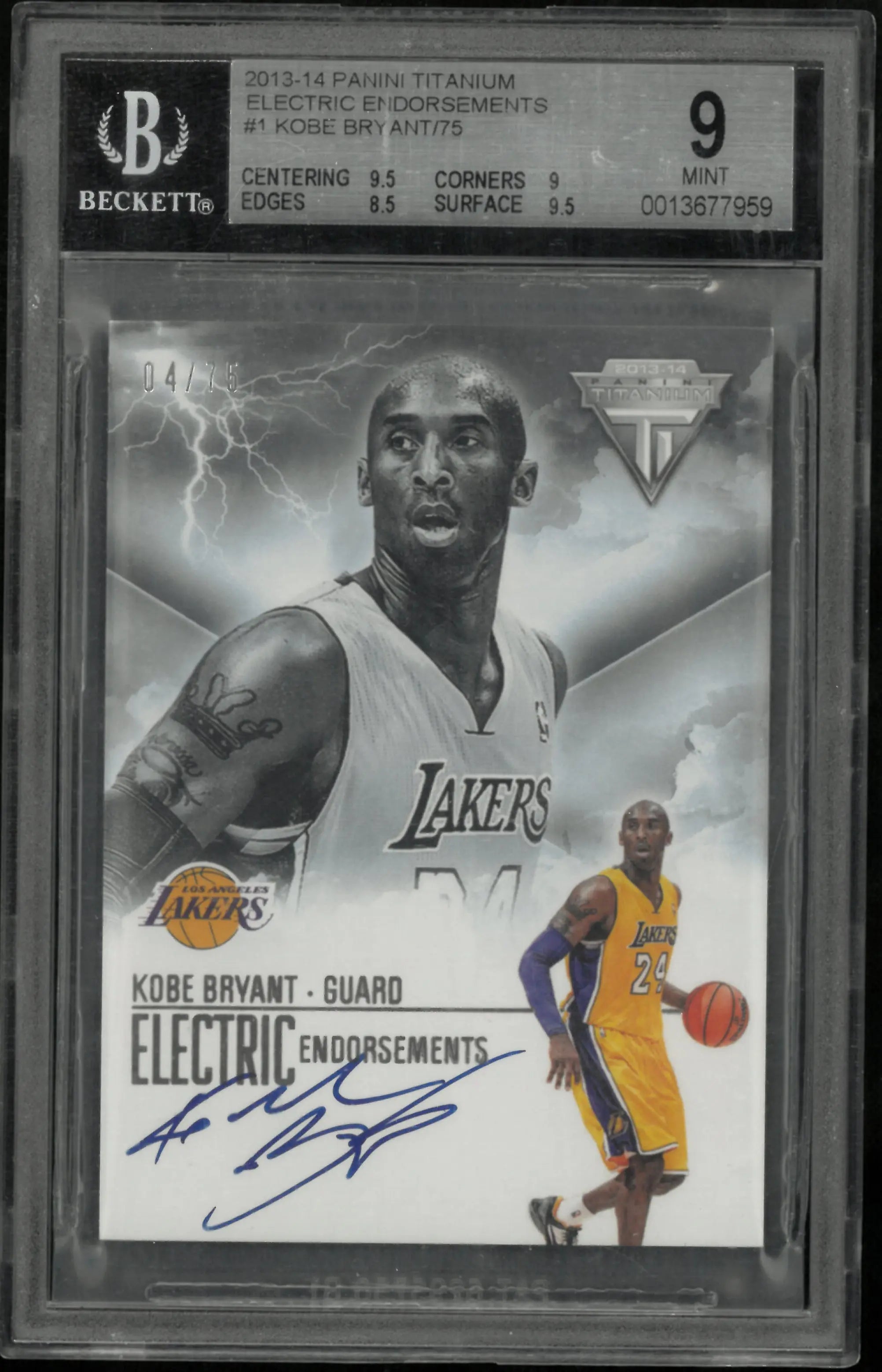 2013 Panini Titanium Electric Endorsements Auto Kobe Bryant /75 BGS 9 Auto 10 