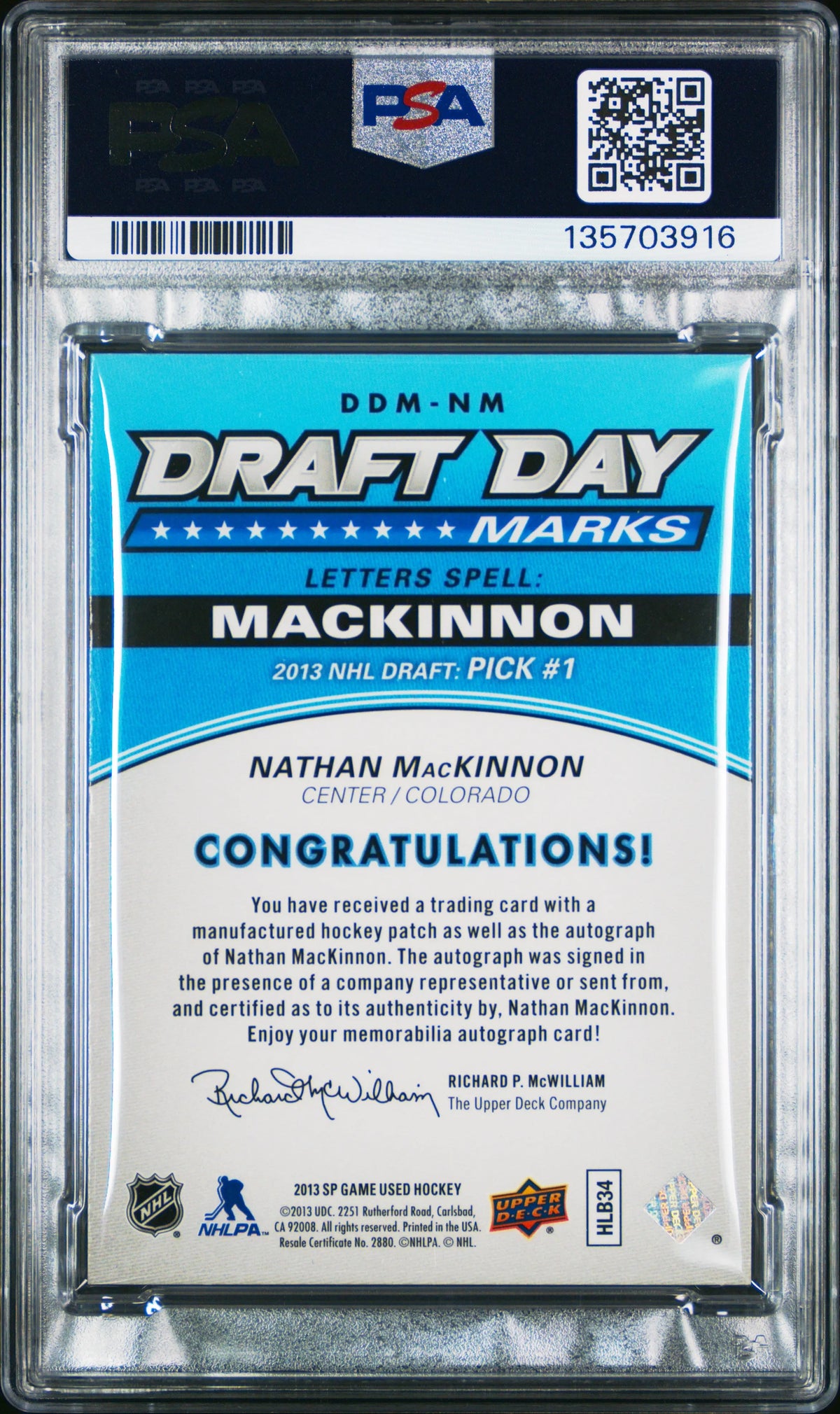 2013 Sp Game Used Draft Day Marks Rookie Patch Auto Nathan Mackinnon /35 PSA 10 