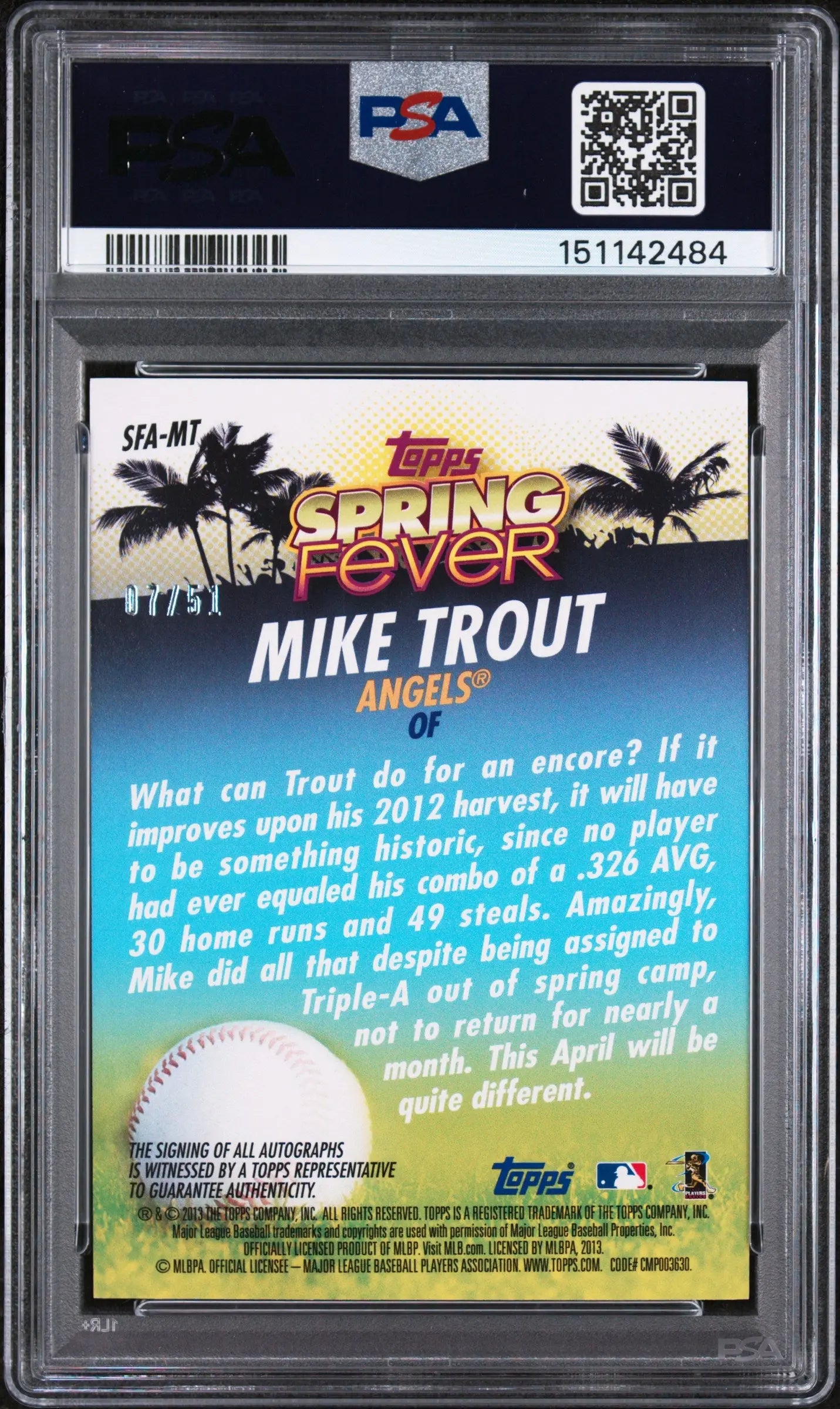 2013 Topps Spring Fever Auto Mike Trout #MT /51 PSA 10 